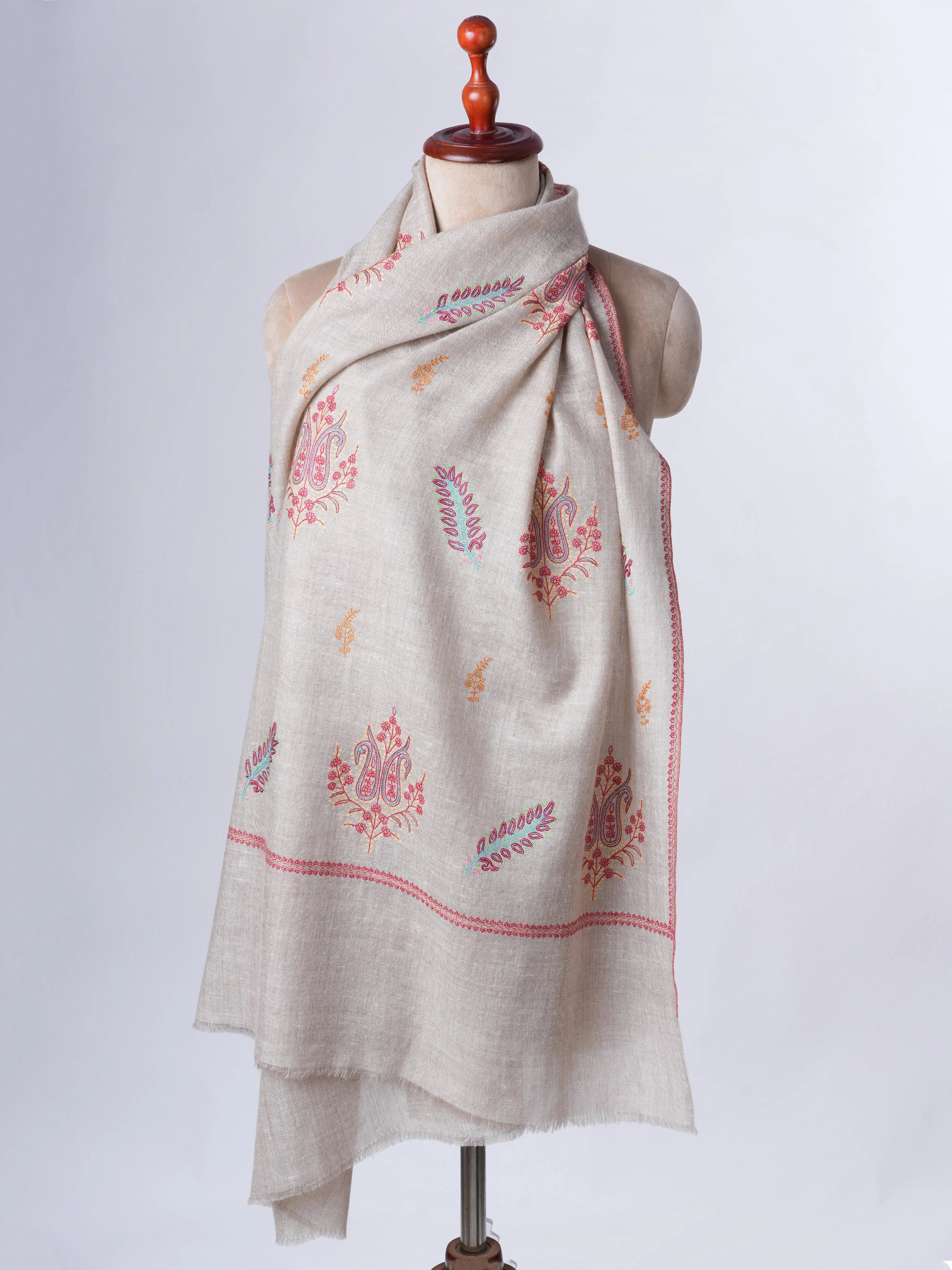 Natural Grey Hand Embroidered Cashmere Scarf – Artisan Crafted Elegance Shahkaar