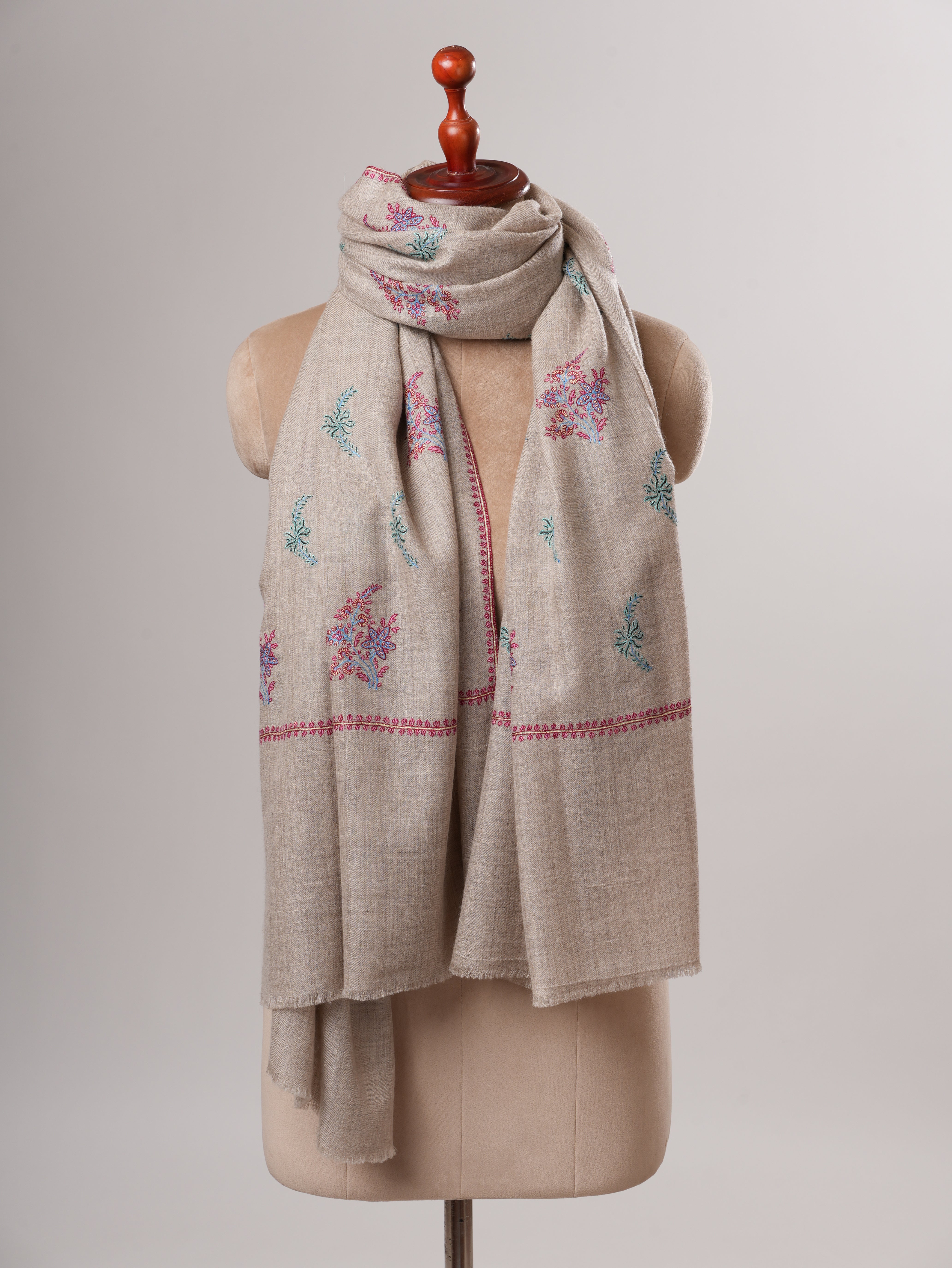 Natural Grey Handloomed Shahkaar Pashmina Shawl with Sozni Buteh Embroidery Shahkaar