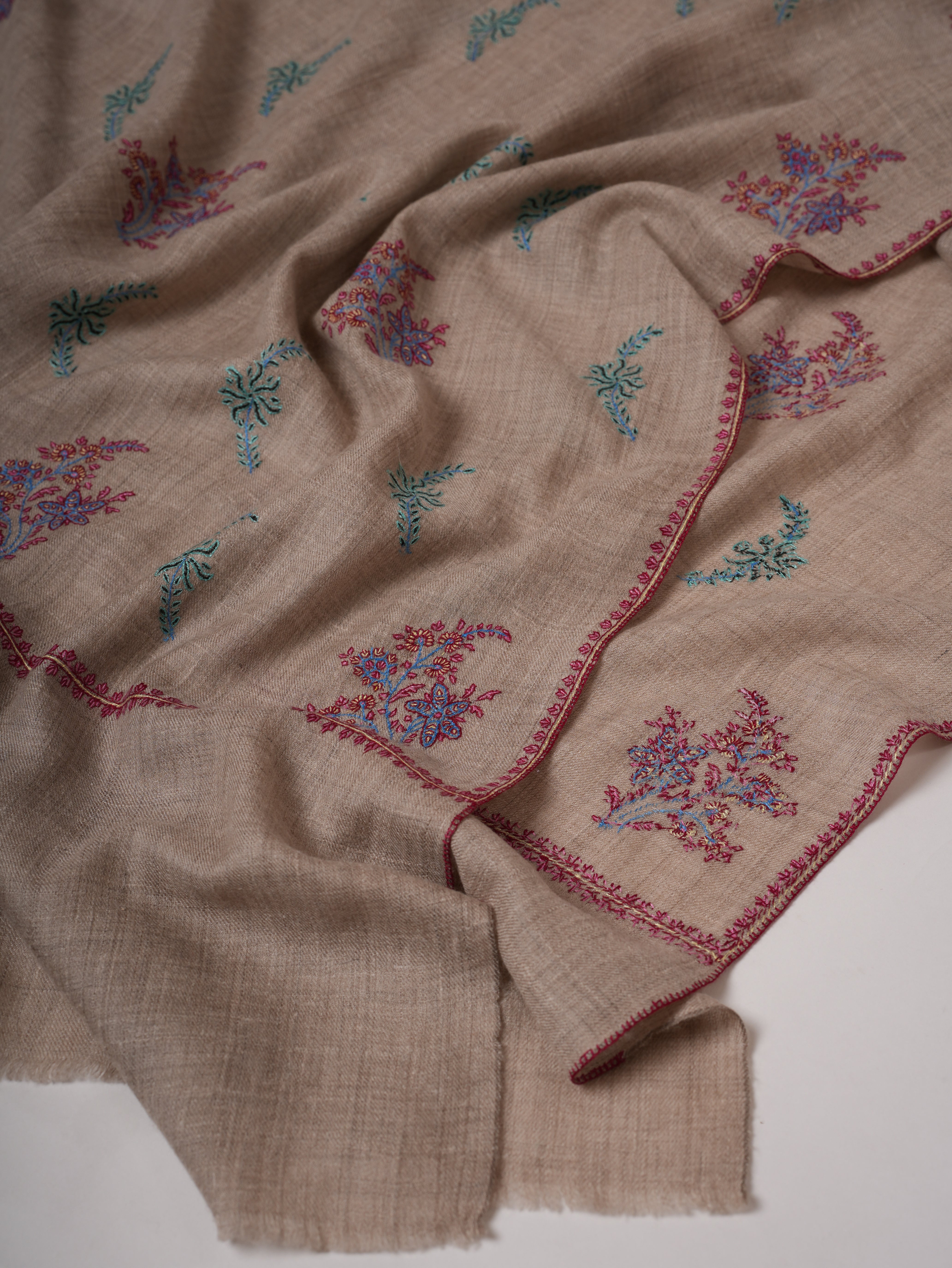 Natural Grey Handloomed Shahkaar Pashmina Shawl with Sozni Buteh Embroidery Shahkaar