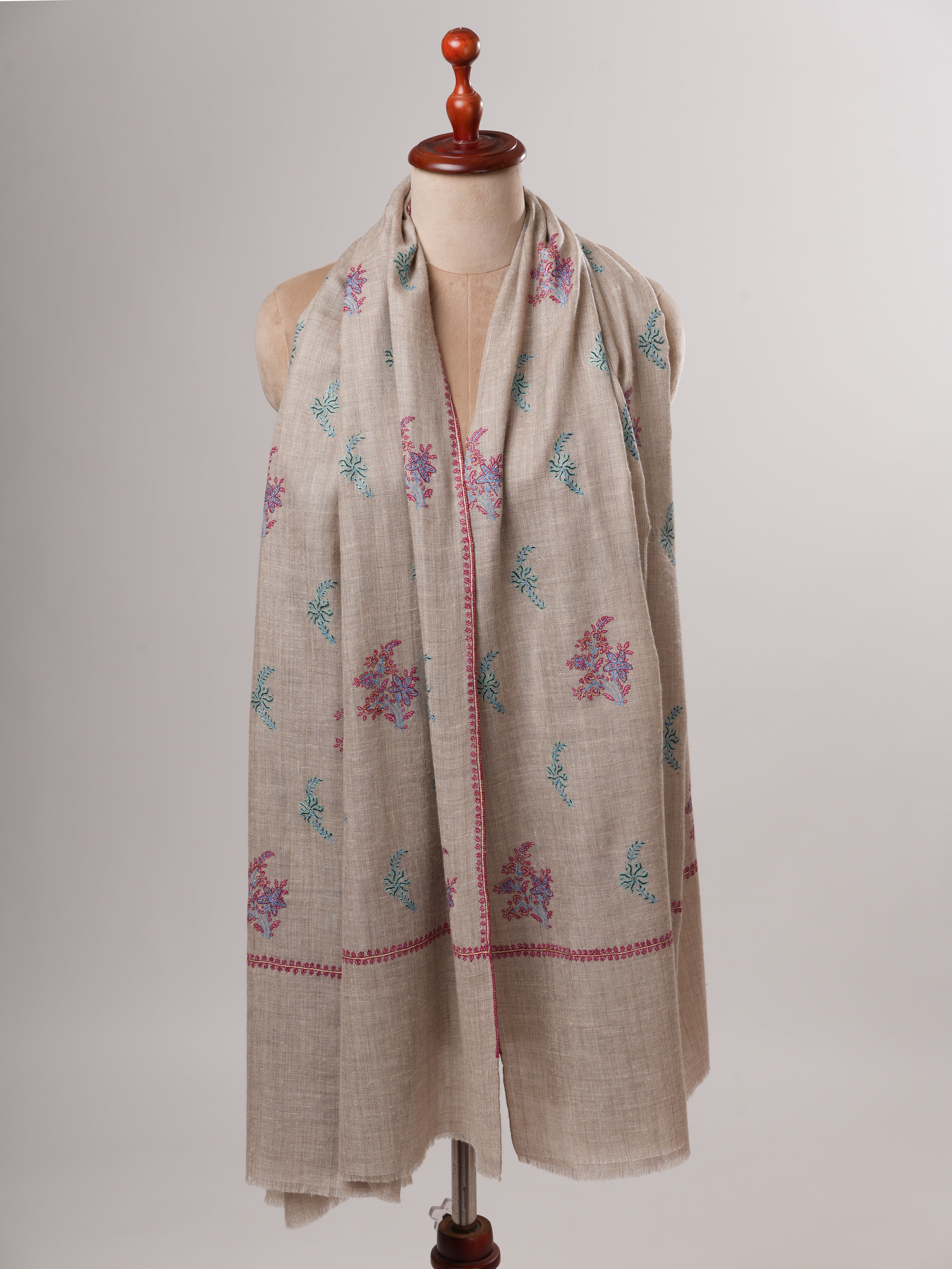 Natural Grey Handloomed Shahkaar Pashmina Shawl with Sozni Buteh Embroidery Shahkaar