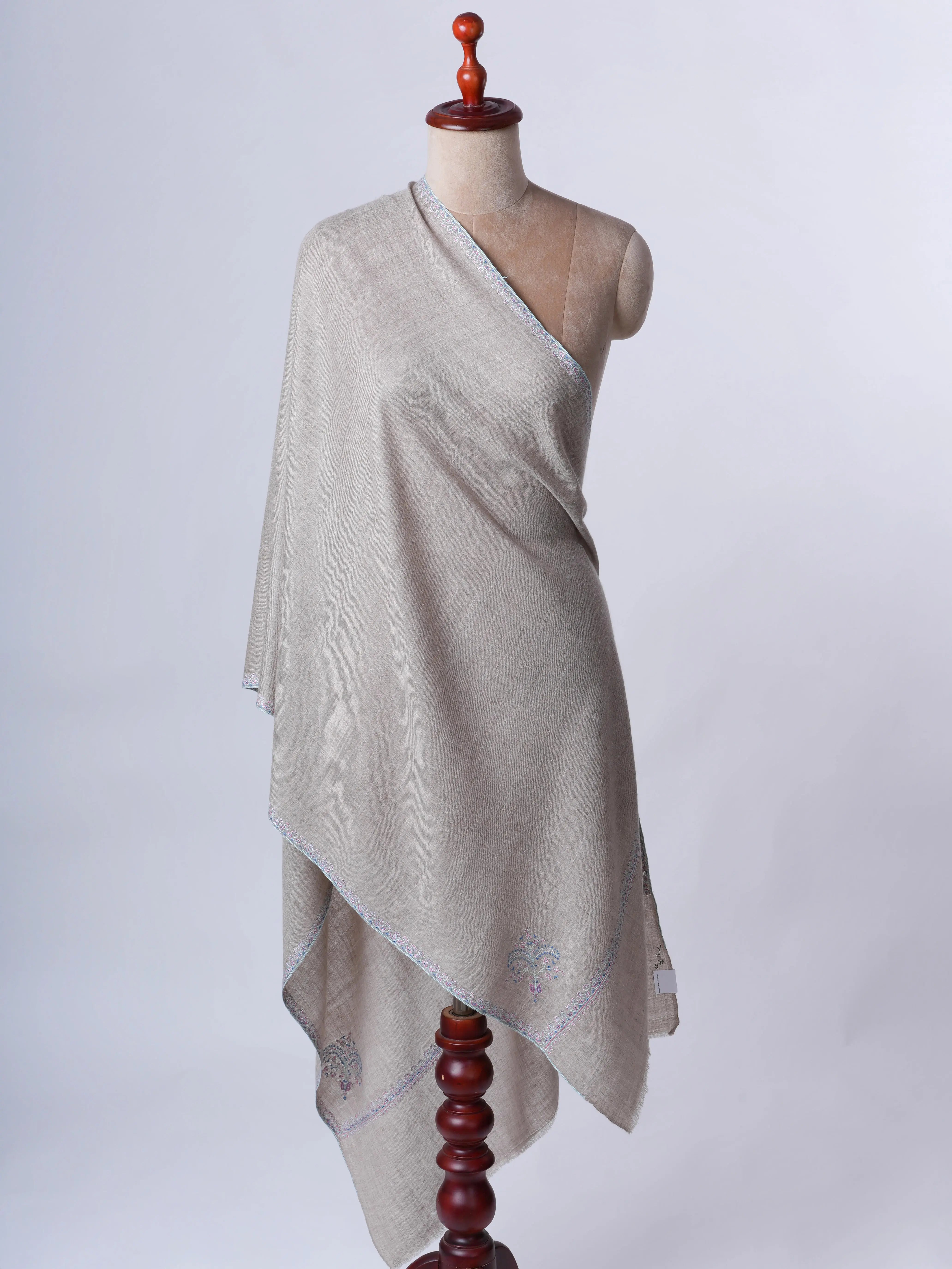 Natural Grey Hashia Hand Embroidered Cashmere Scarf – Baby Soft Shahkaar