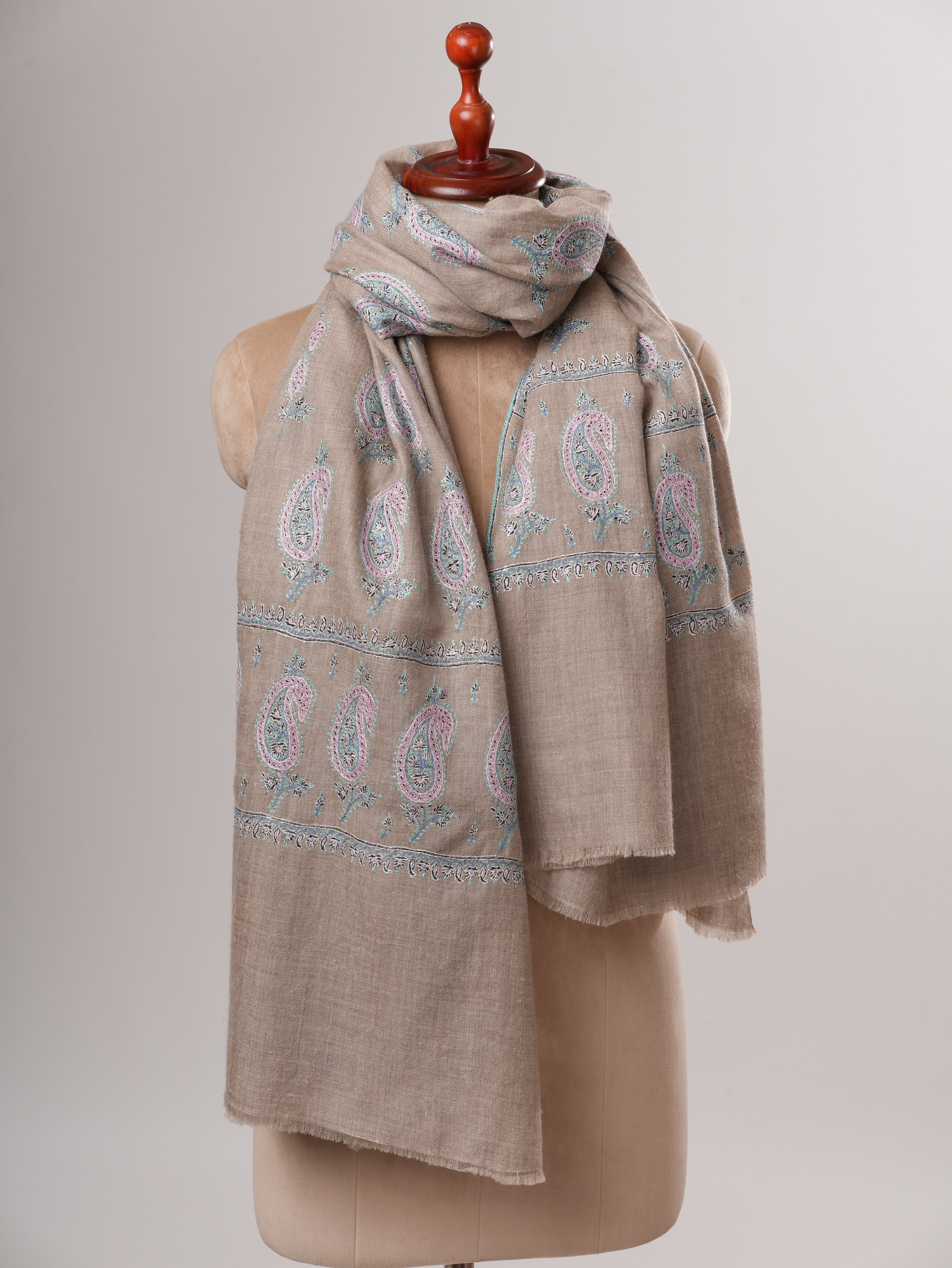 Natural Grey Kashmiri Pashmina Shawl with All Over Paisley Sozni Embroidery Shahkaar