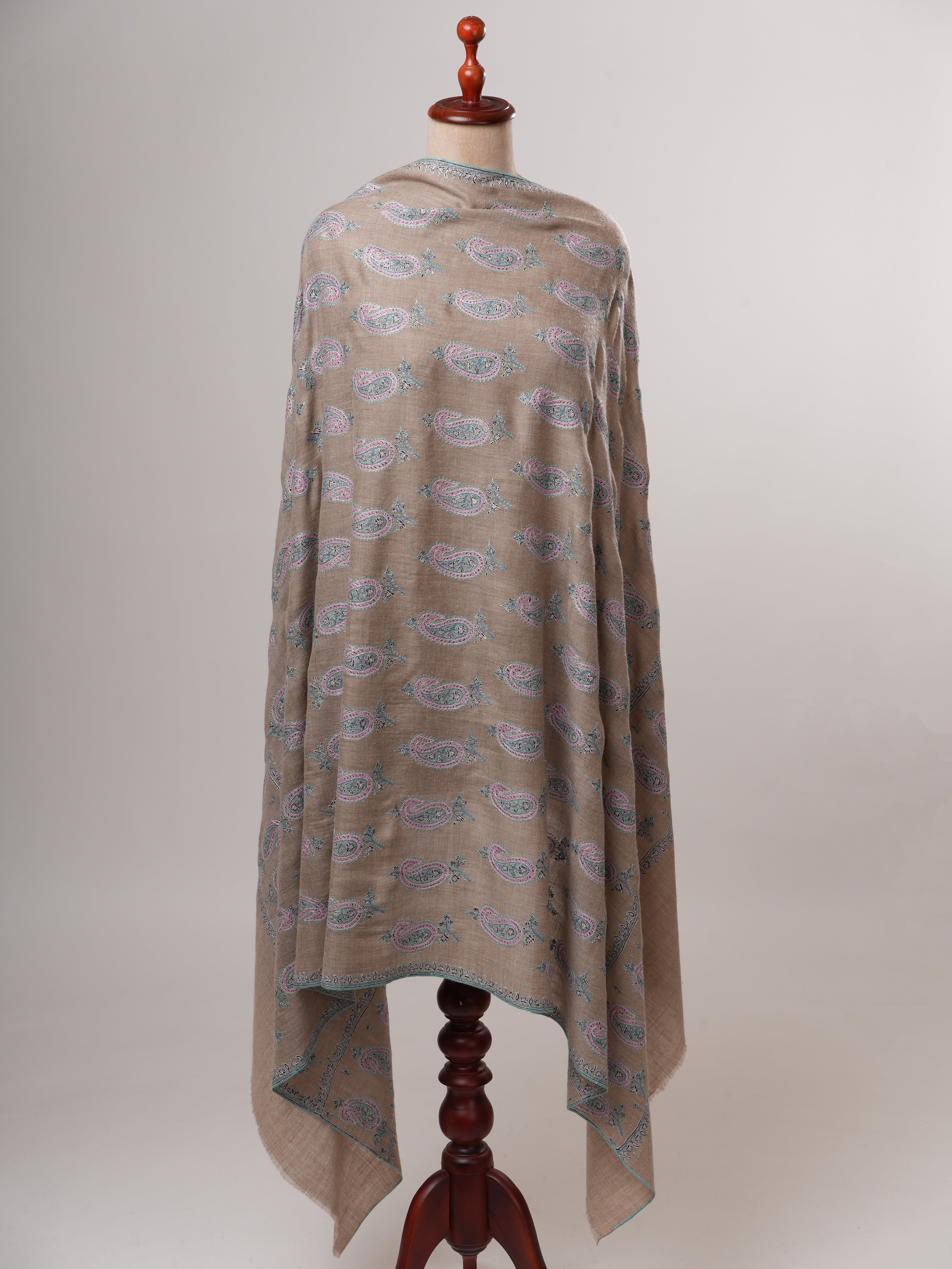 Natural Grey Kashmiri Pashmina Shawl with All Over Paisley Sozni Embroidery Shahkaar