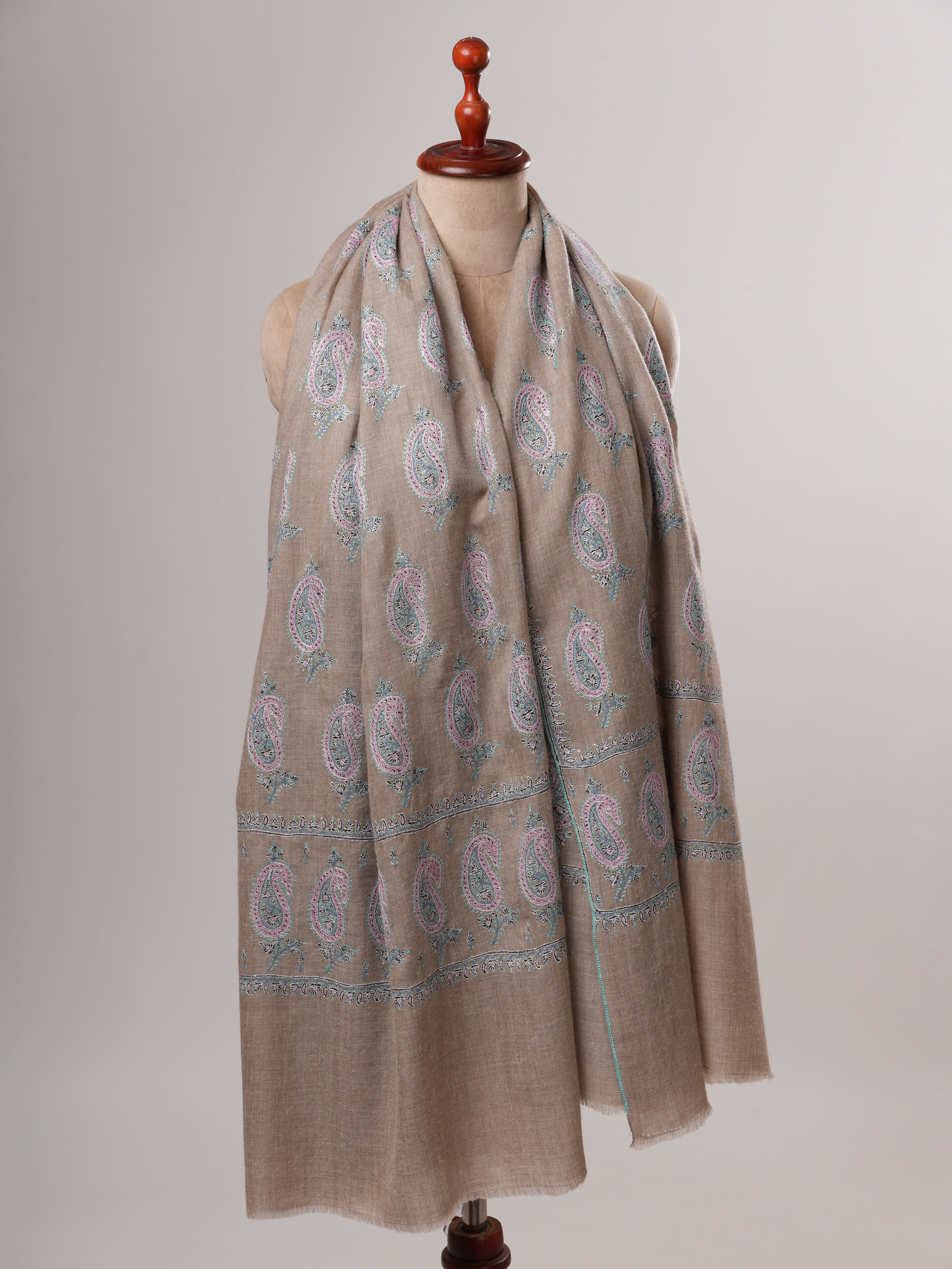 Natural Grey Kashmiri Pashmina Shawl with All Over Paisley Sozni Embroidery Shahkaar
