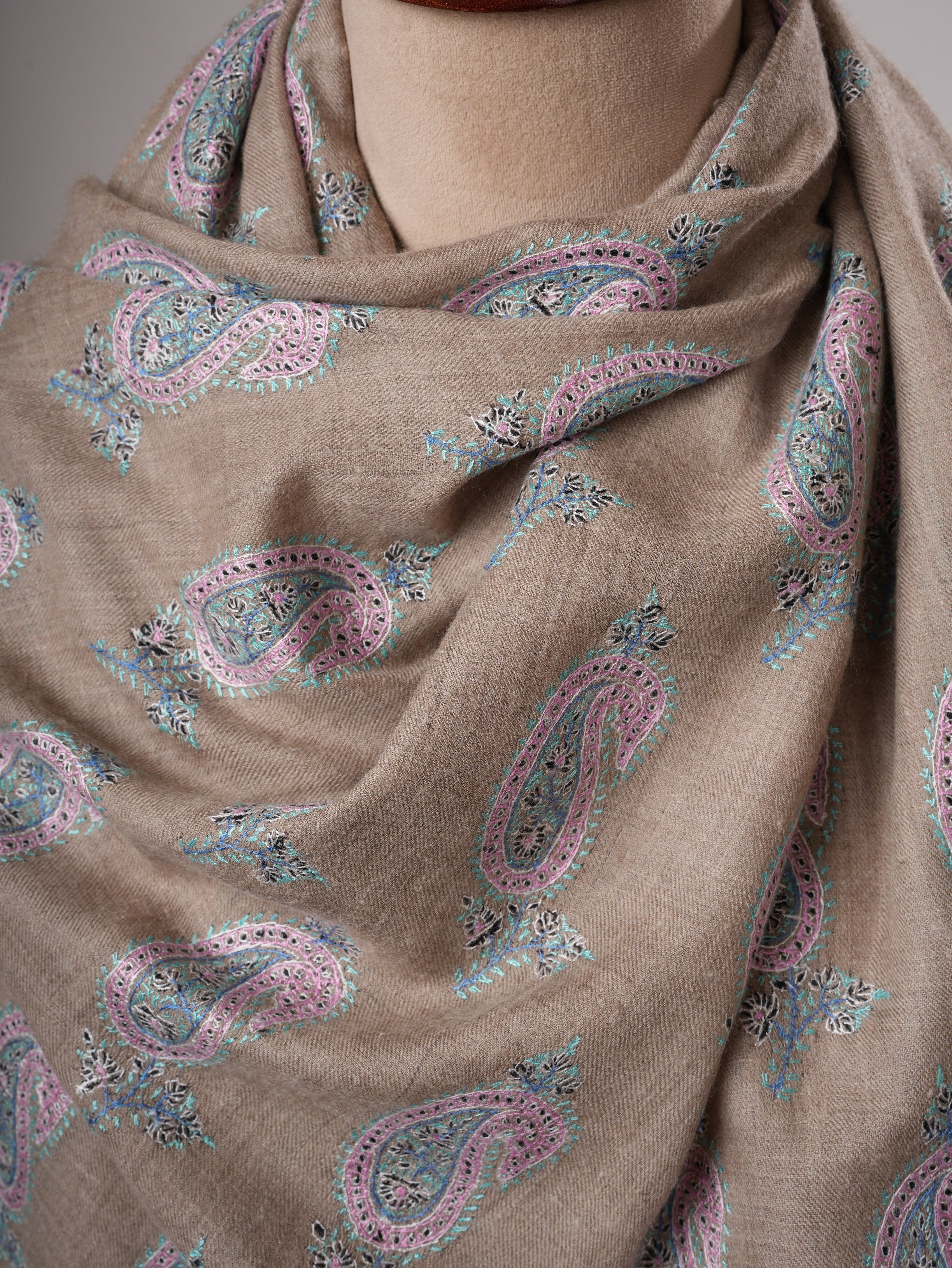 Natural Grey Kashmiri Pashmina Shawl with All Over Paisley Sozni Embroidery Shahkaar