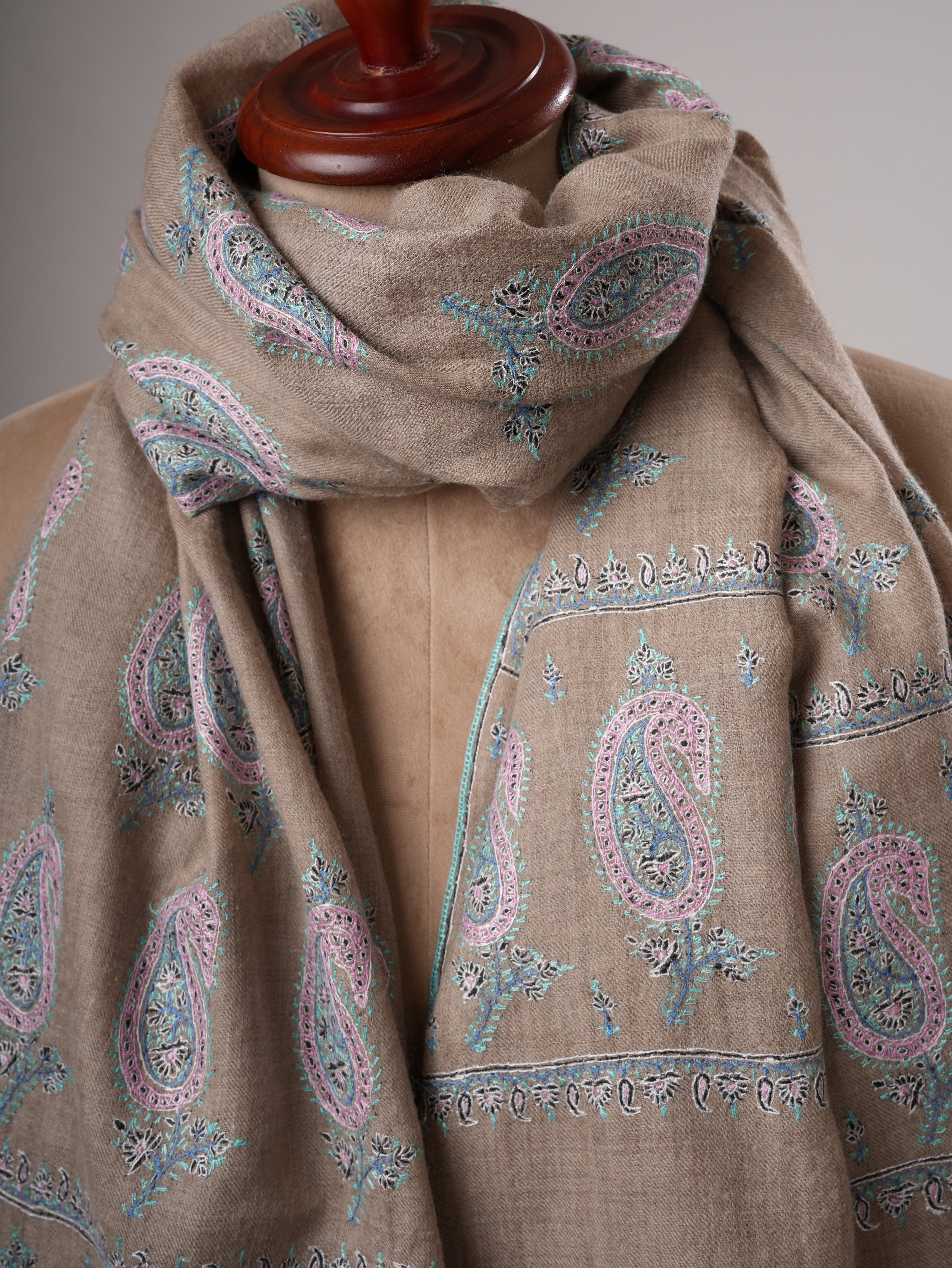 Natural Grey Kashmiri Pashmina Shawl with All Over Paisley Sozni Embroidery Shahkaar