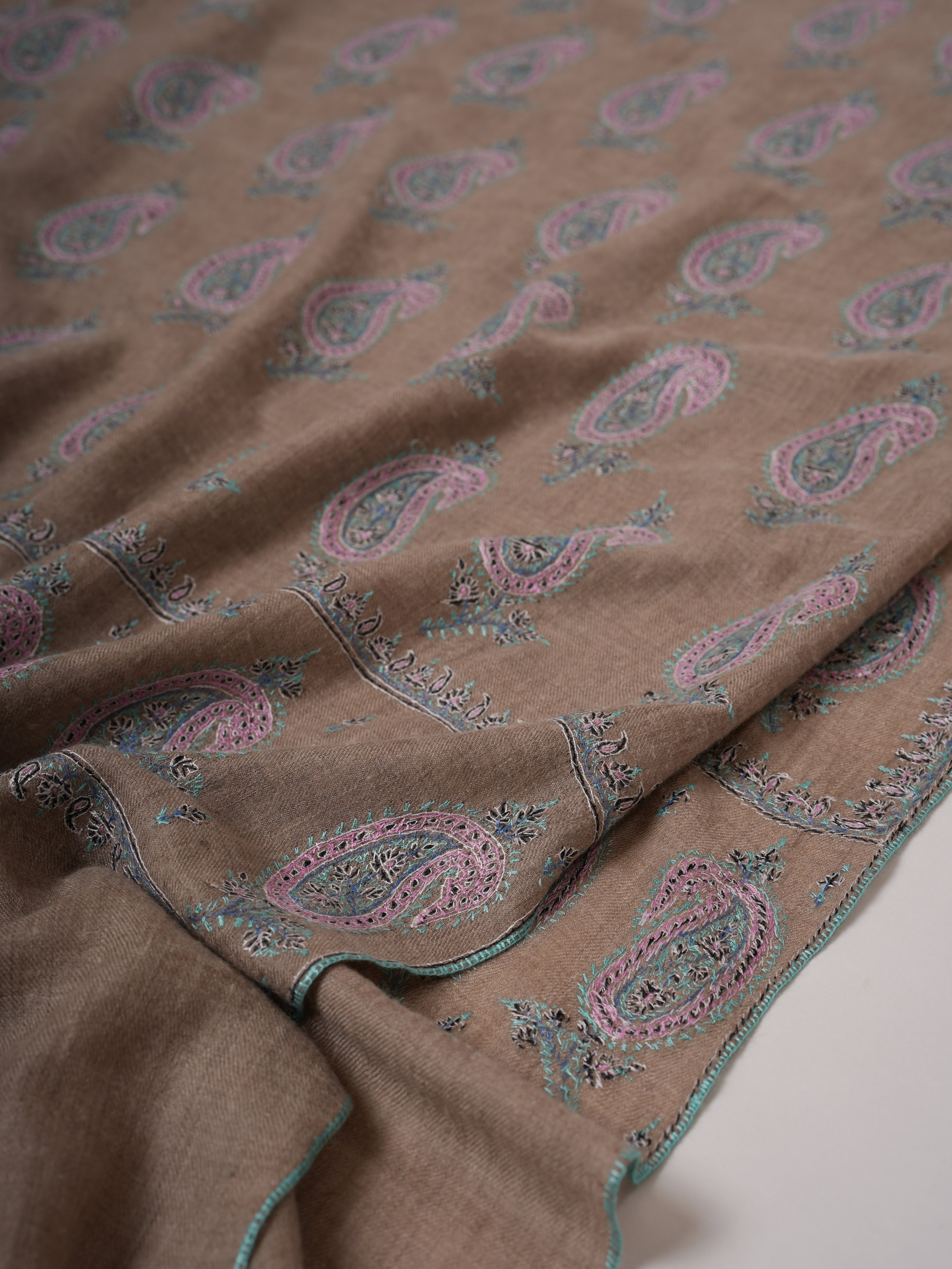 Natural Grey Kashmiri Pashmina Shawl with All Over Paisley Sozni Embroidery Shahkaar