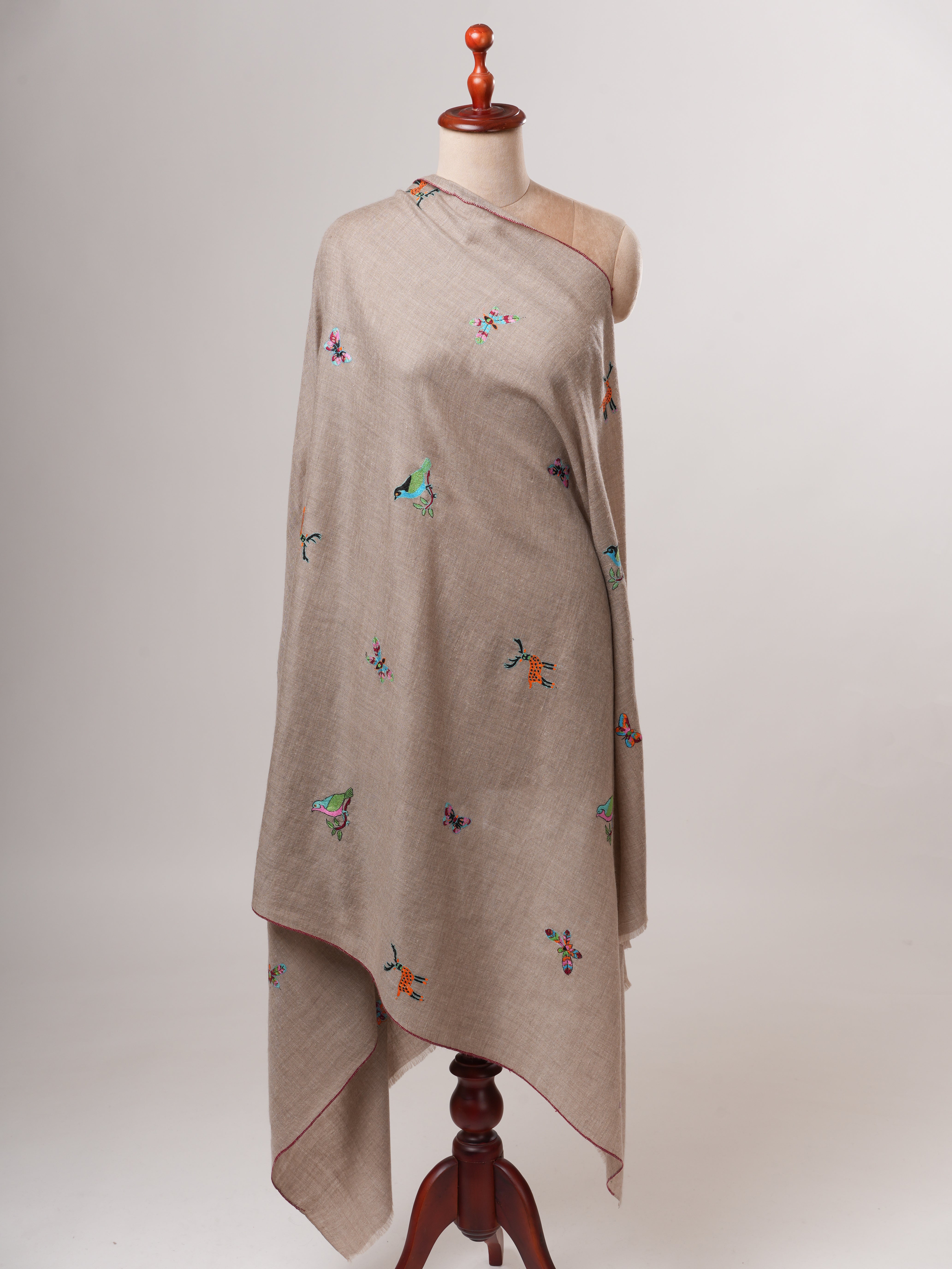 Natural Grey Kashmiri Pashmina Shawl with Deer Sparrow Butterfly Motifs Shahkaar
