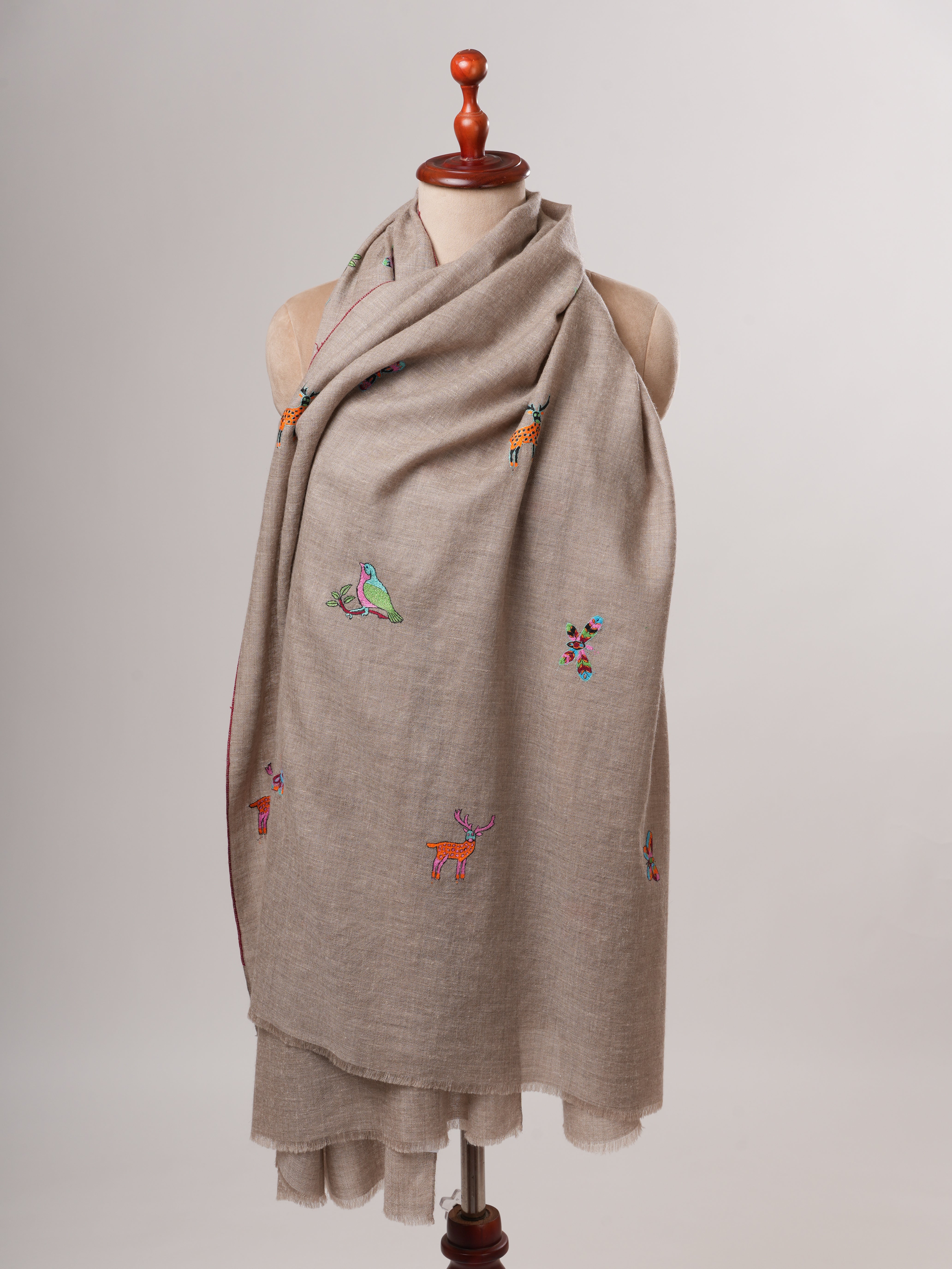 Natural Grey Kashmiri Pashmina Shawl with Deer Sparrow Butterfly Motifs Shahkaar