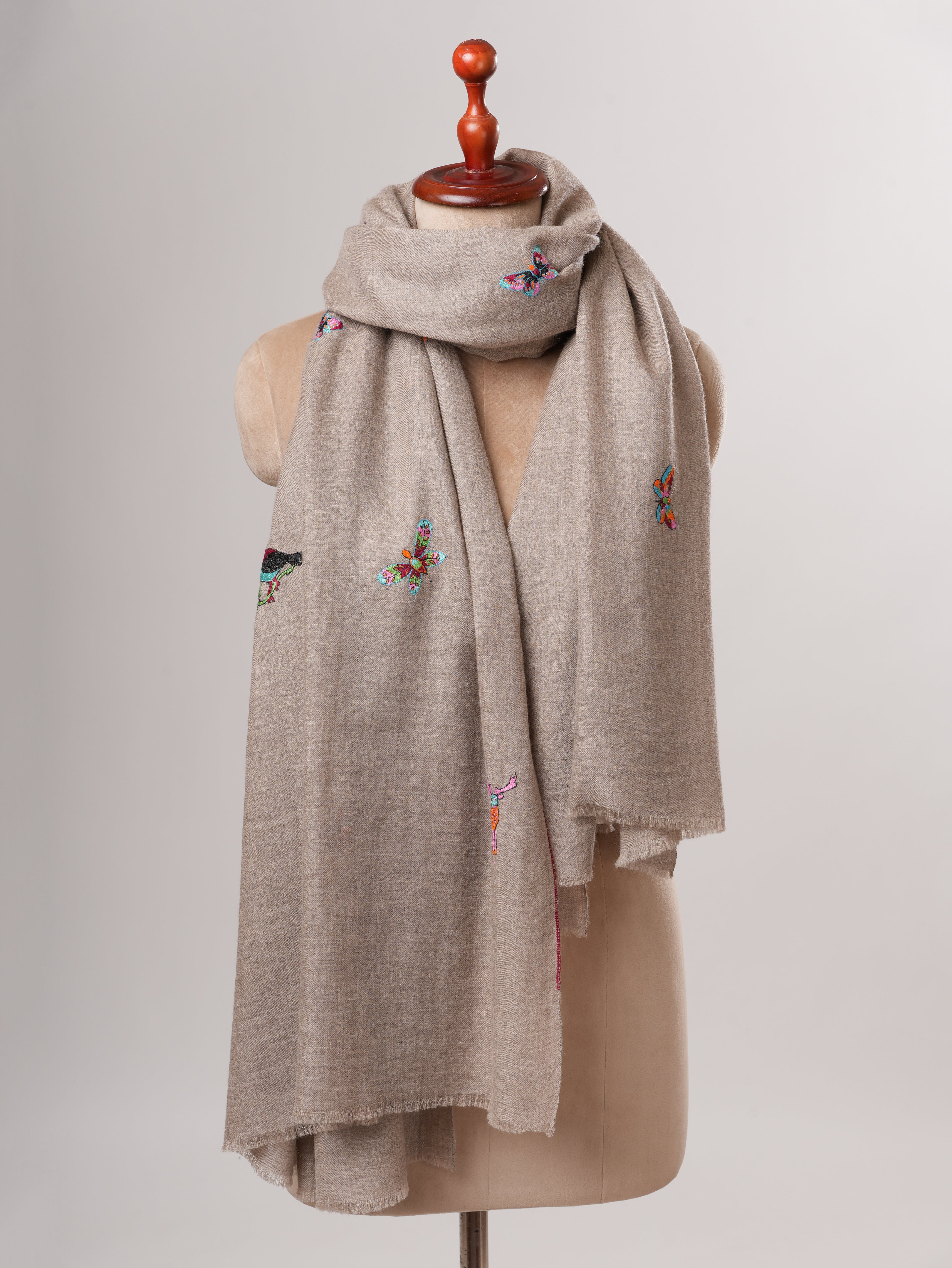 Natural Grey Kashmiri Pashmina Shawl with Deer Sparrow Butterfly Motifs Shahkaar