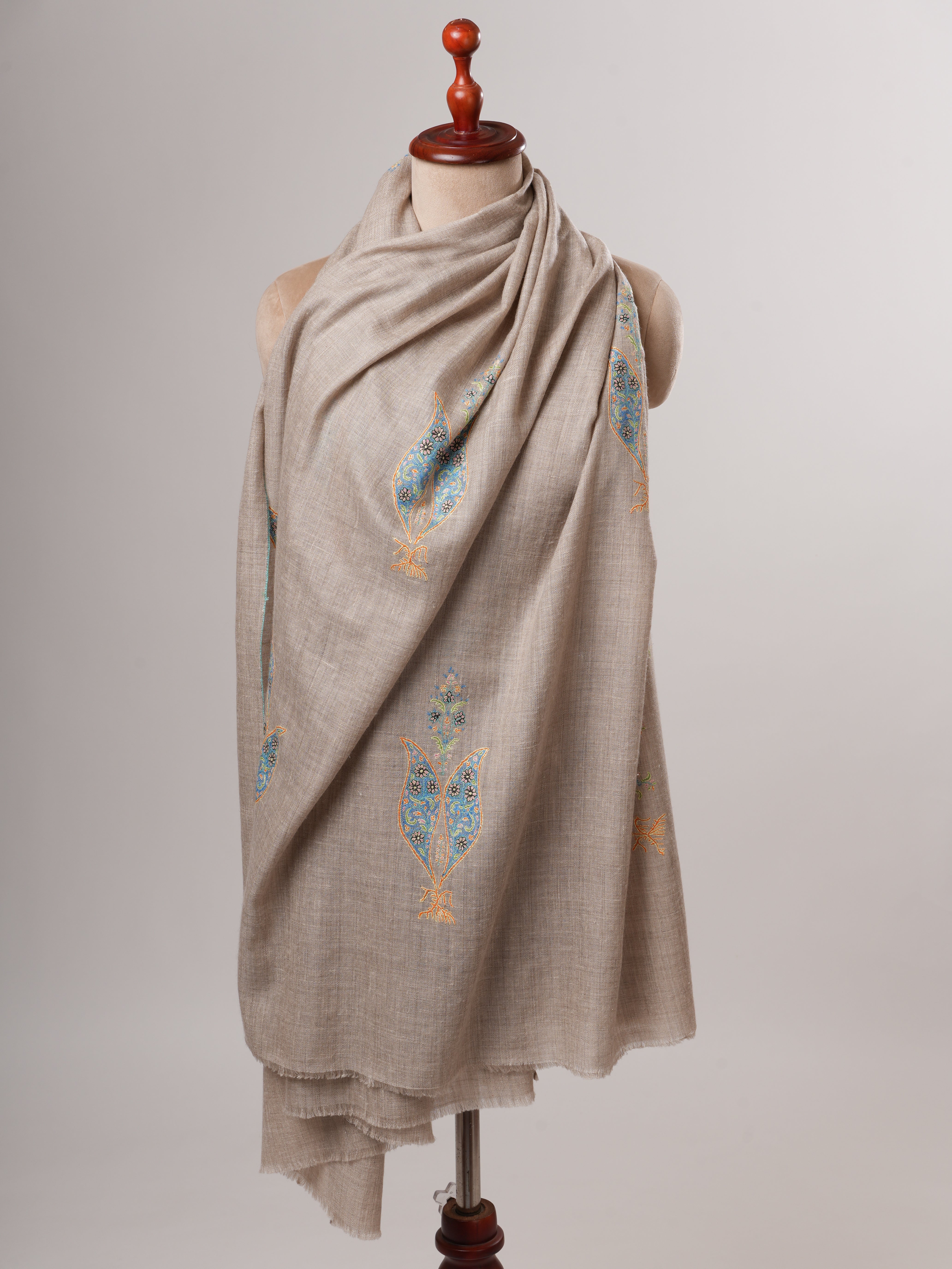 Natural Grey Kashmiri Pashmina Shawl with Hand Embroidered Buteh Motifs Shahkaar