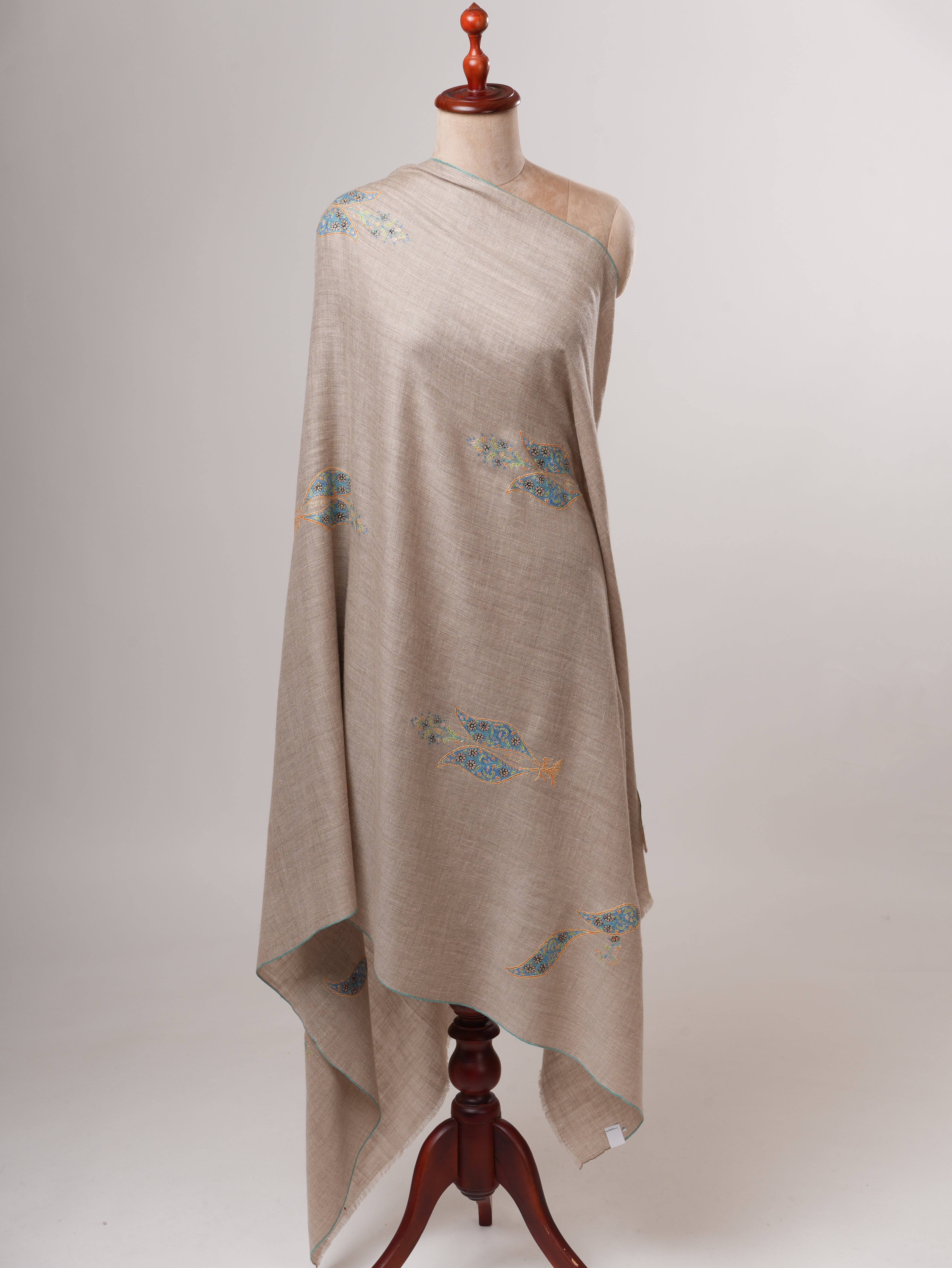 Natural Grey Kashmiri Pashmina Shawl with Hand Embroidered Buteh Motifs Shahkaar