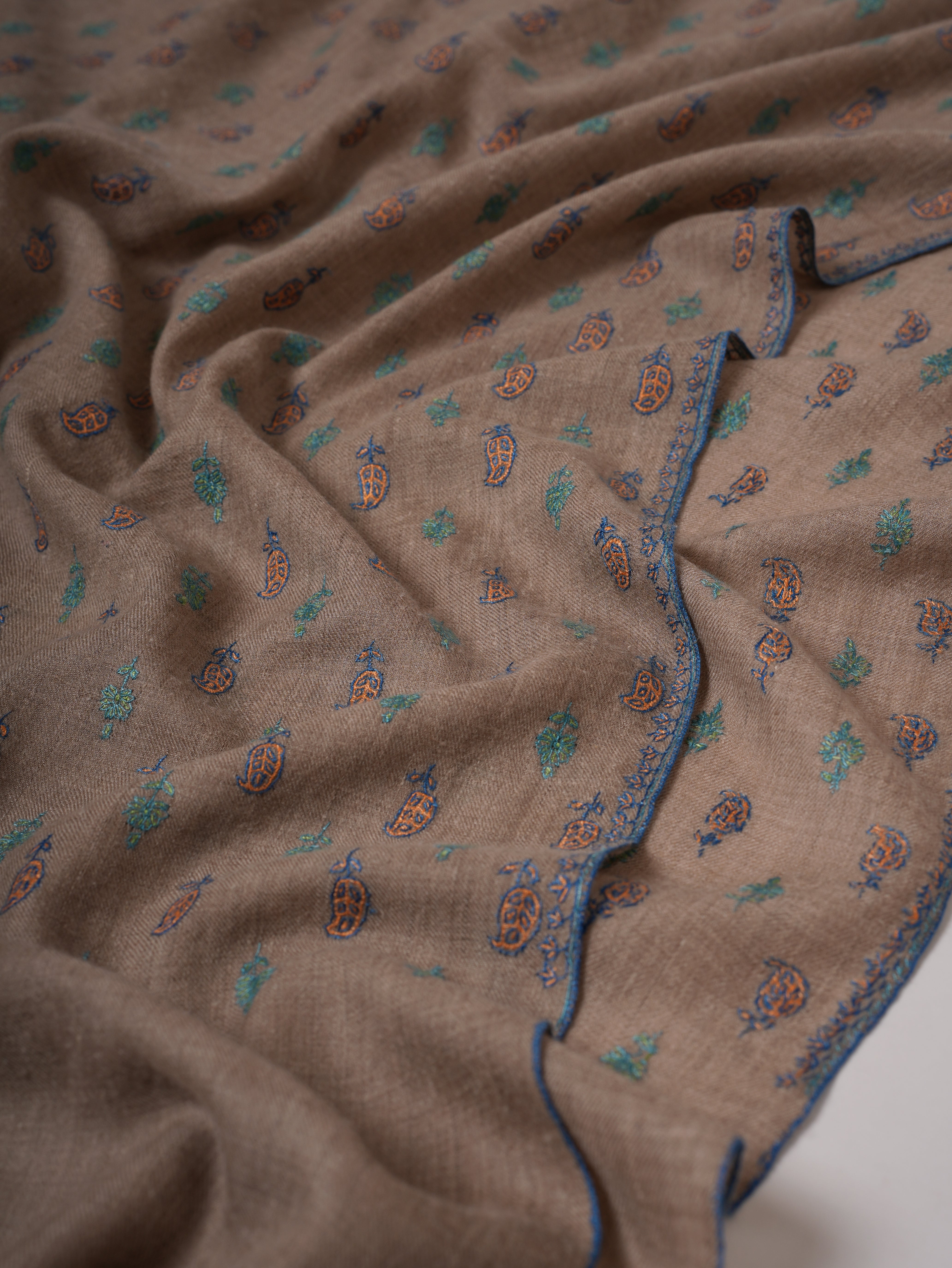 Natural Grey Kashmiri Pashmina Shawl with Paisley Floral Hand Embroidery Shahkaar