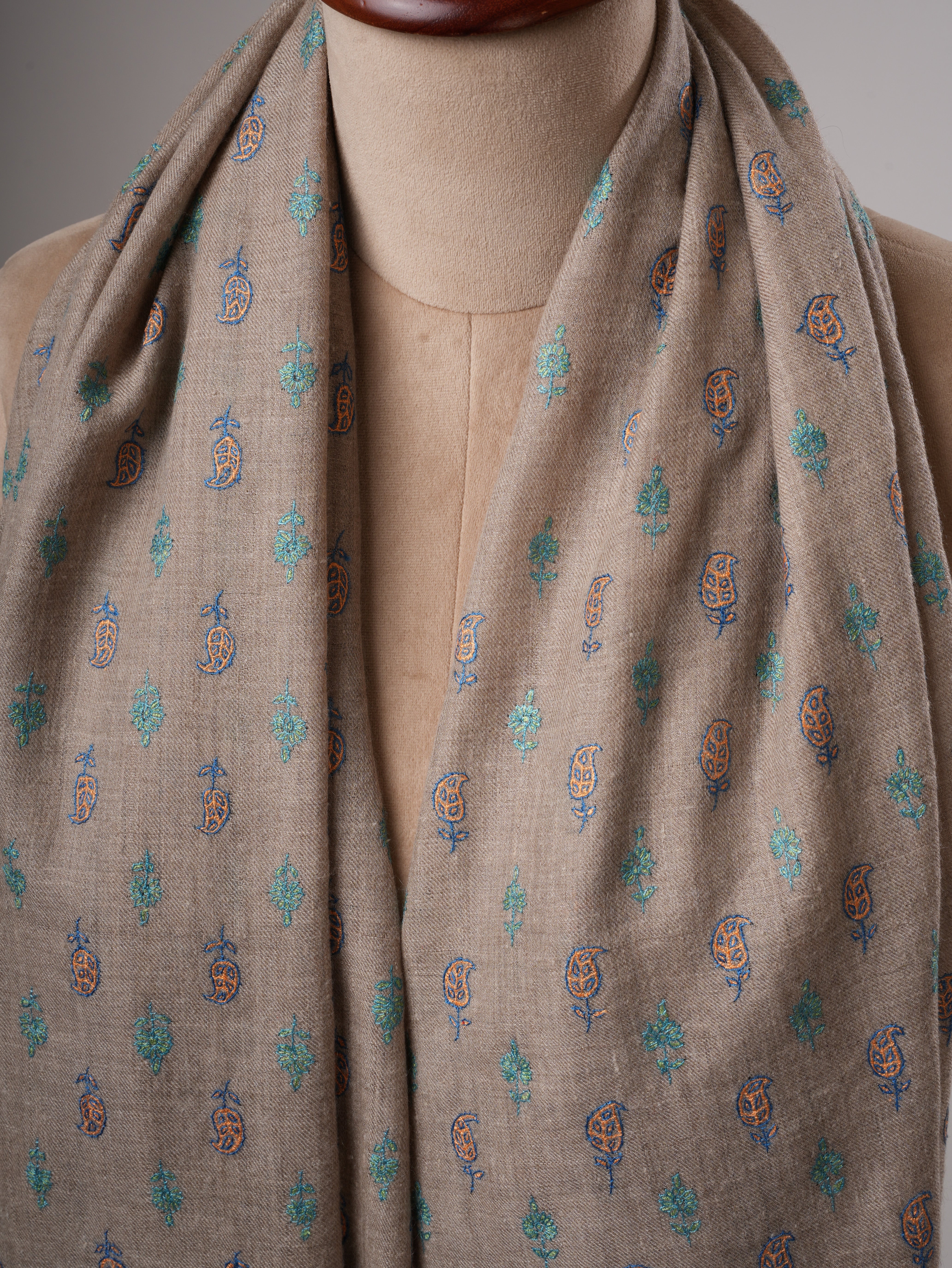 Natural Grey Kashmiri Pashmina Shawl with Paisley Floral Hand Embroidery Shahkaar
