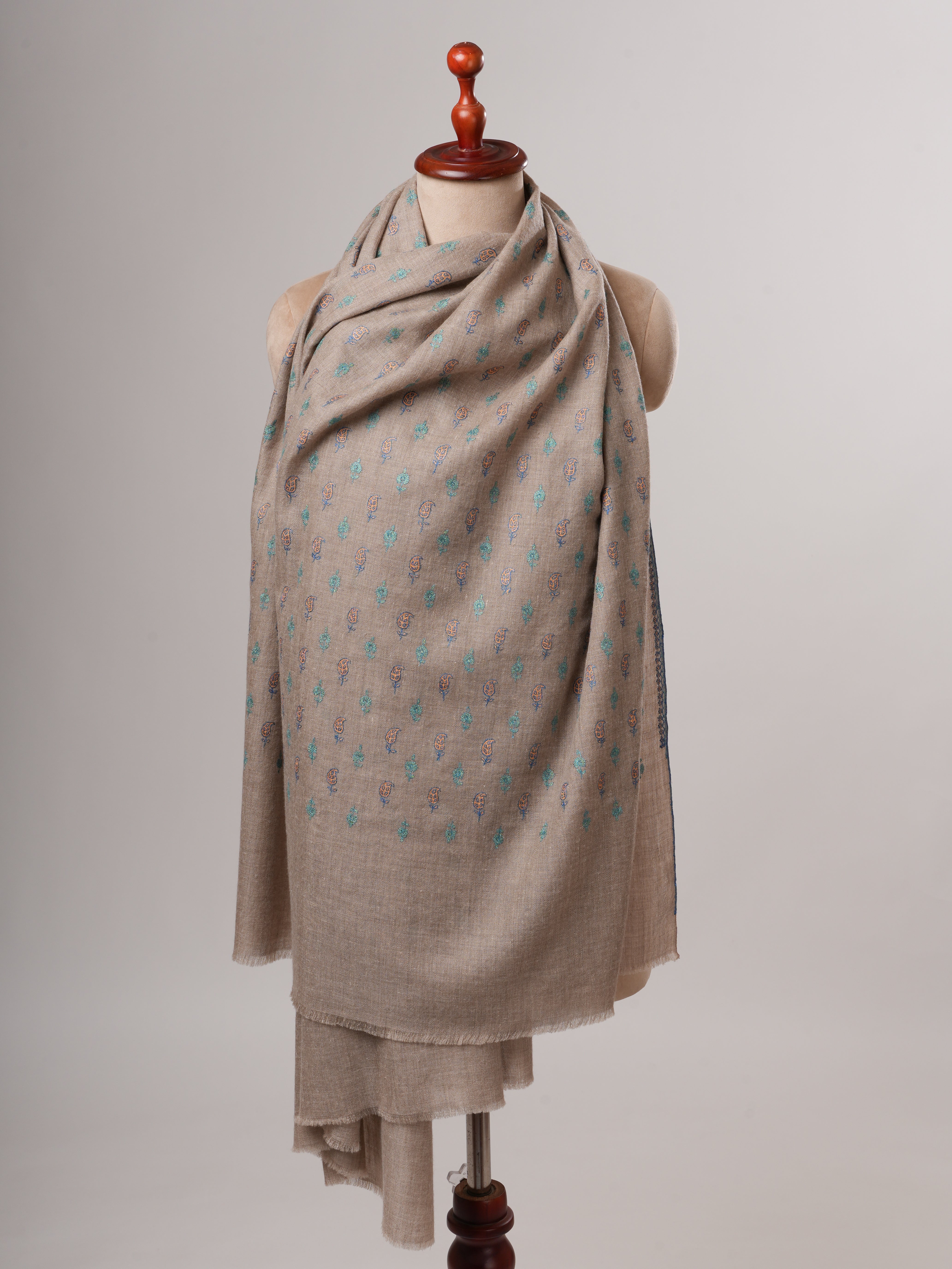 Natural Grey Kashmiri Pashmina Shawl with Paisley Floral Hand Embroidery Shahkaar