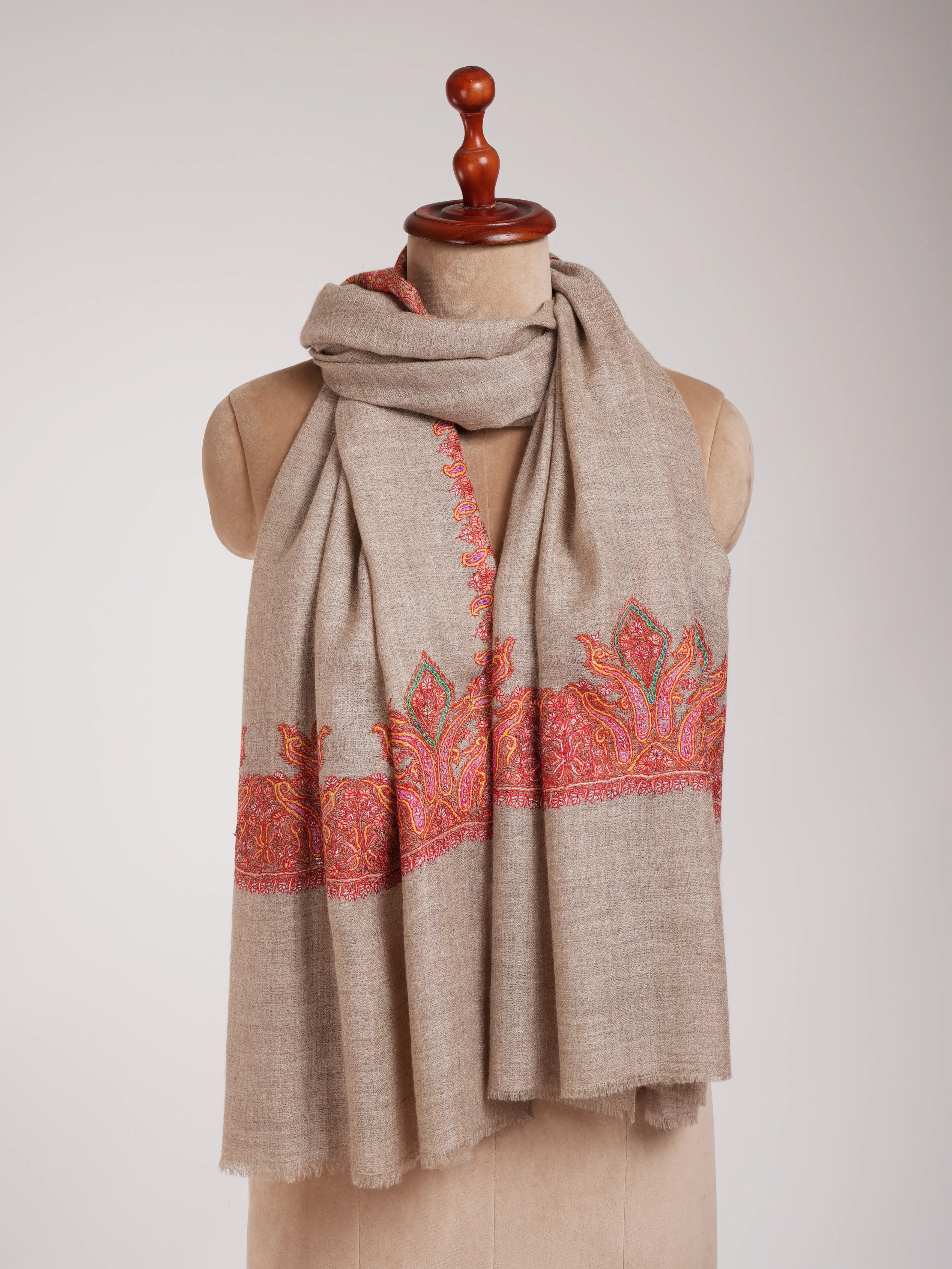 Natural Grey Palla Embroidered Pashmina Stole Shahkaar