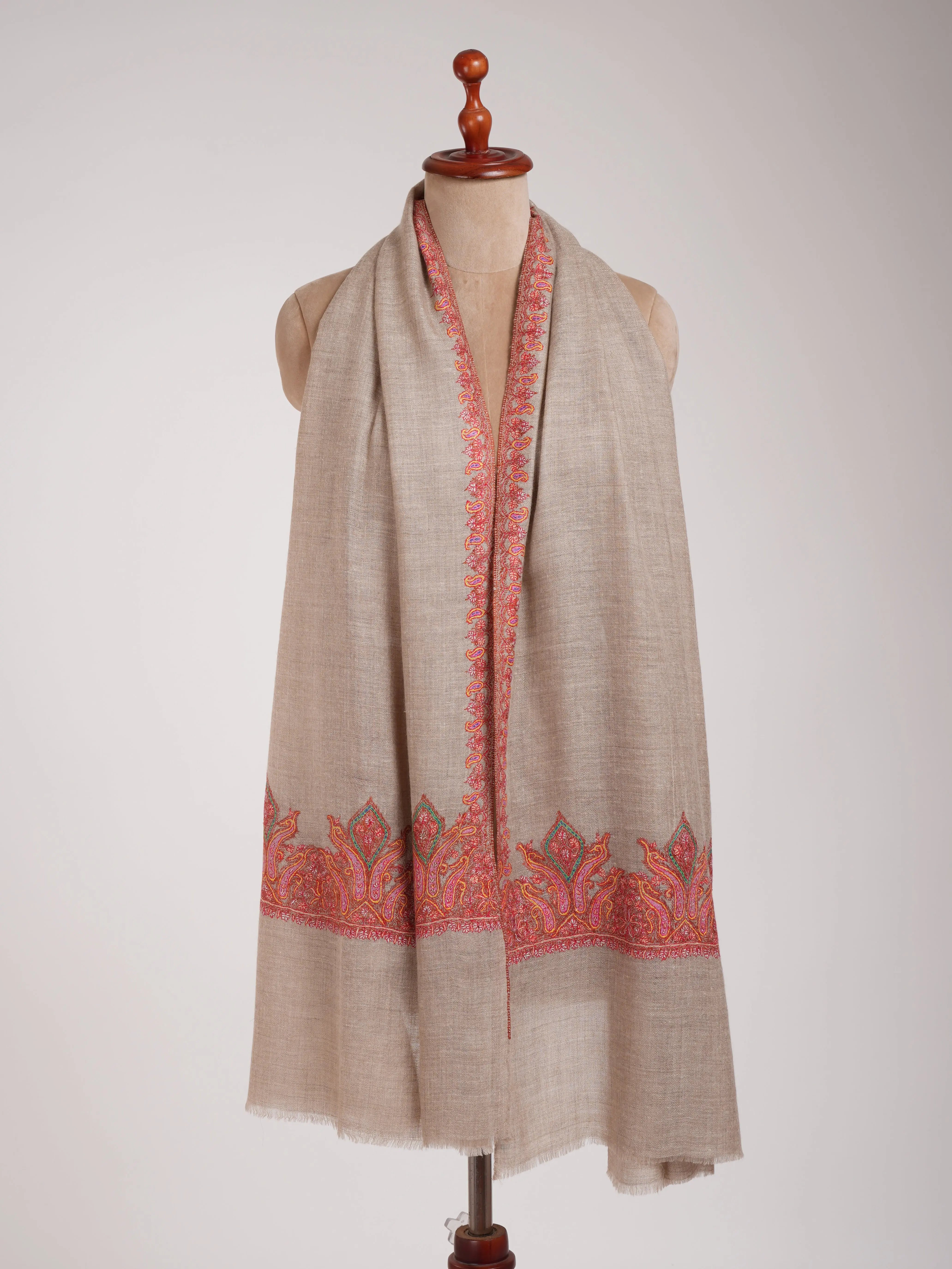 Natural Grey Palla Embroidered Pashmina Stole Shahkaar