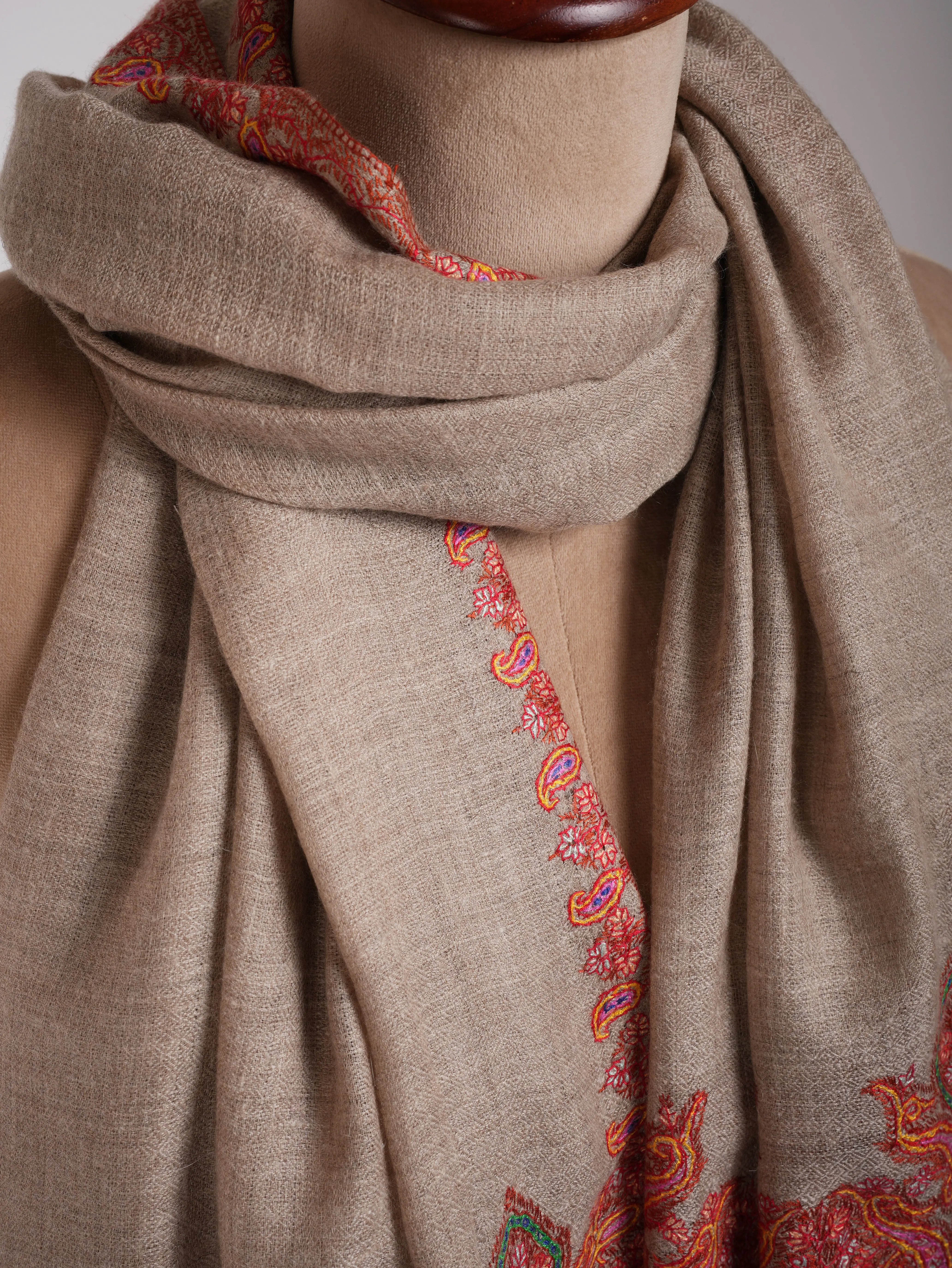 Natural Grey Palla Embroidered Pashmina Stole Shahkaar