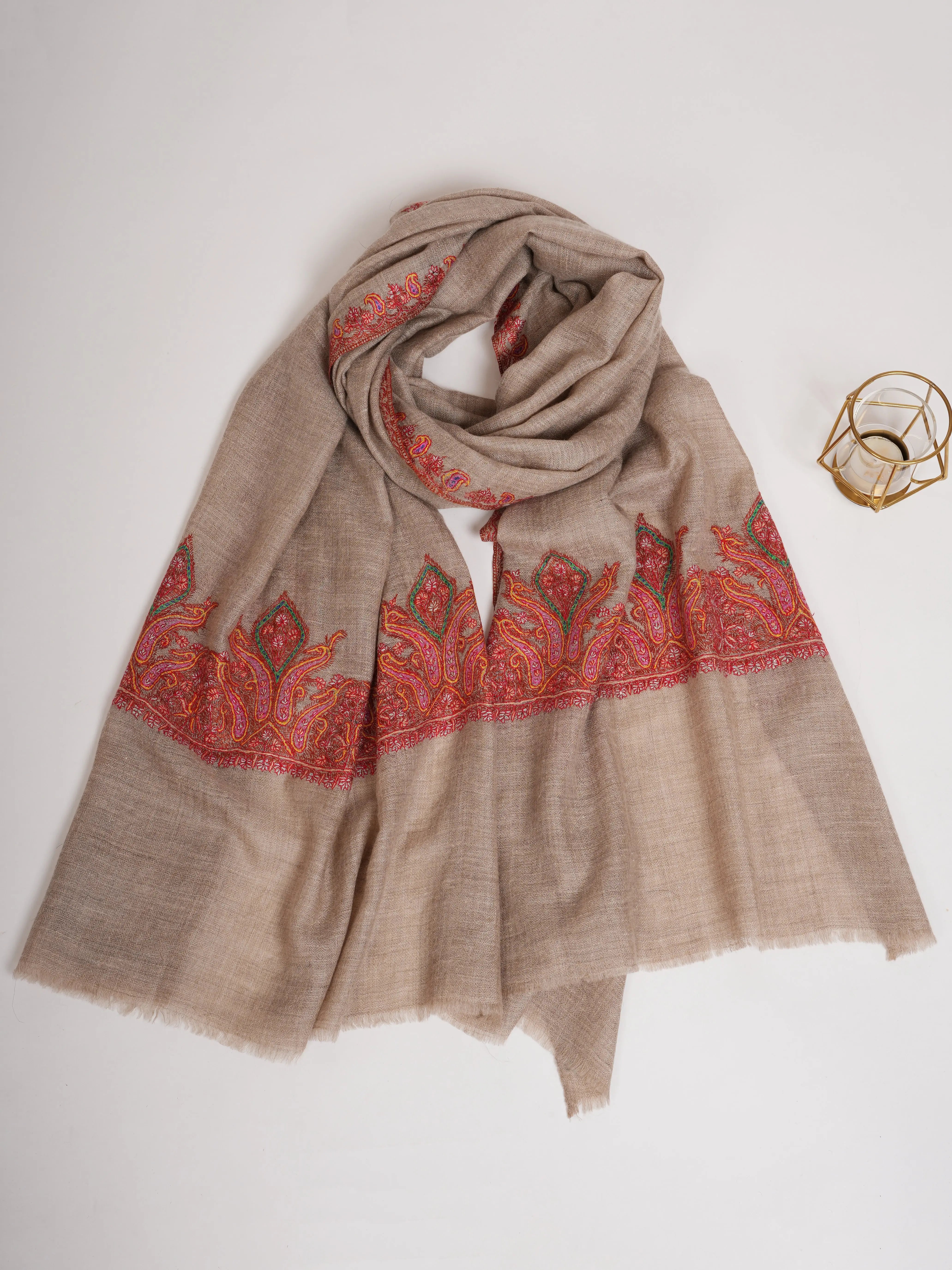 Natural Grey Palla Embroidered Pashmina Stole Shahkaar
