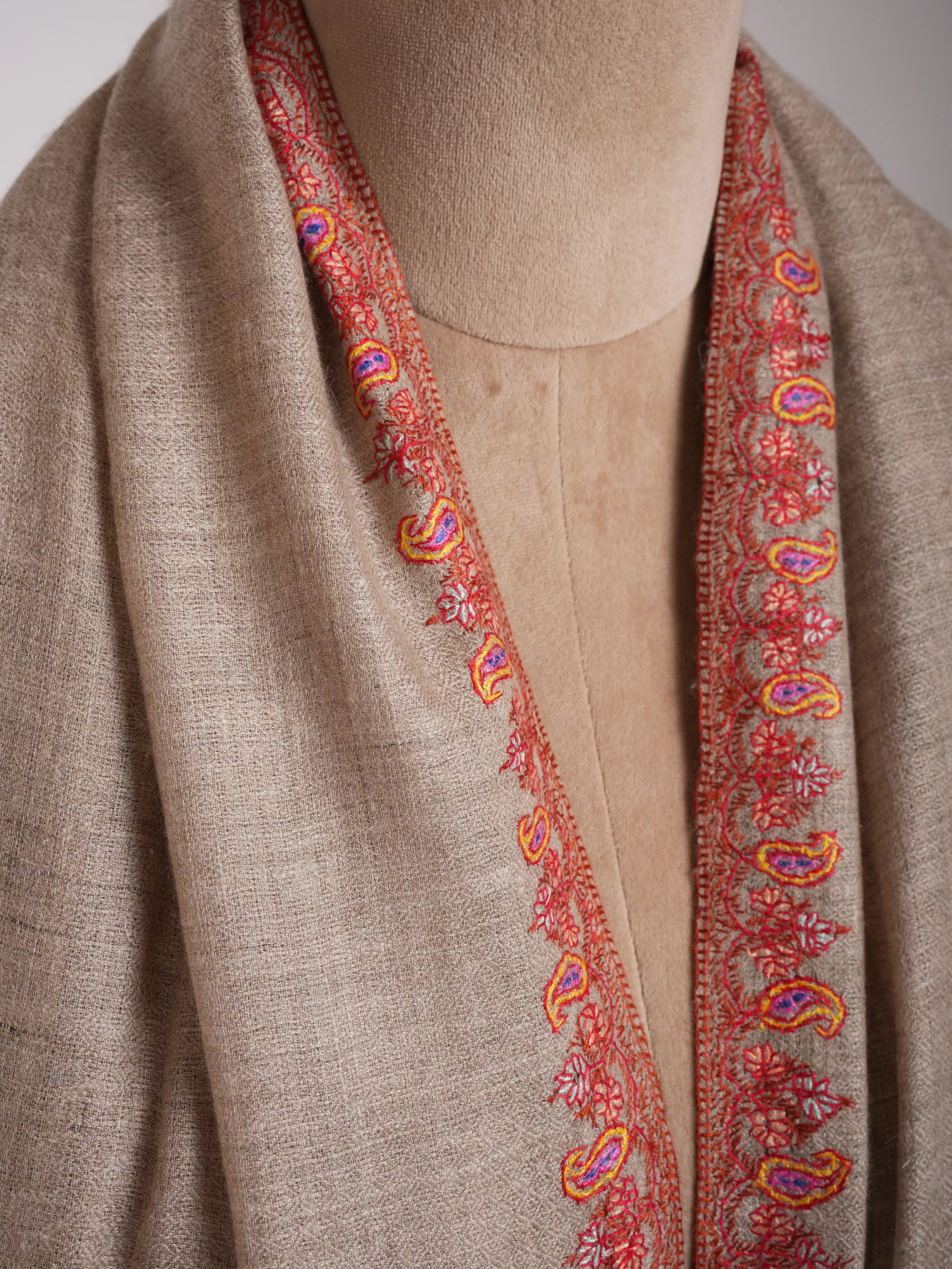 Natural Grey Palla Embroidered Pashmina Stole Shahkaar