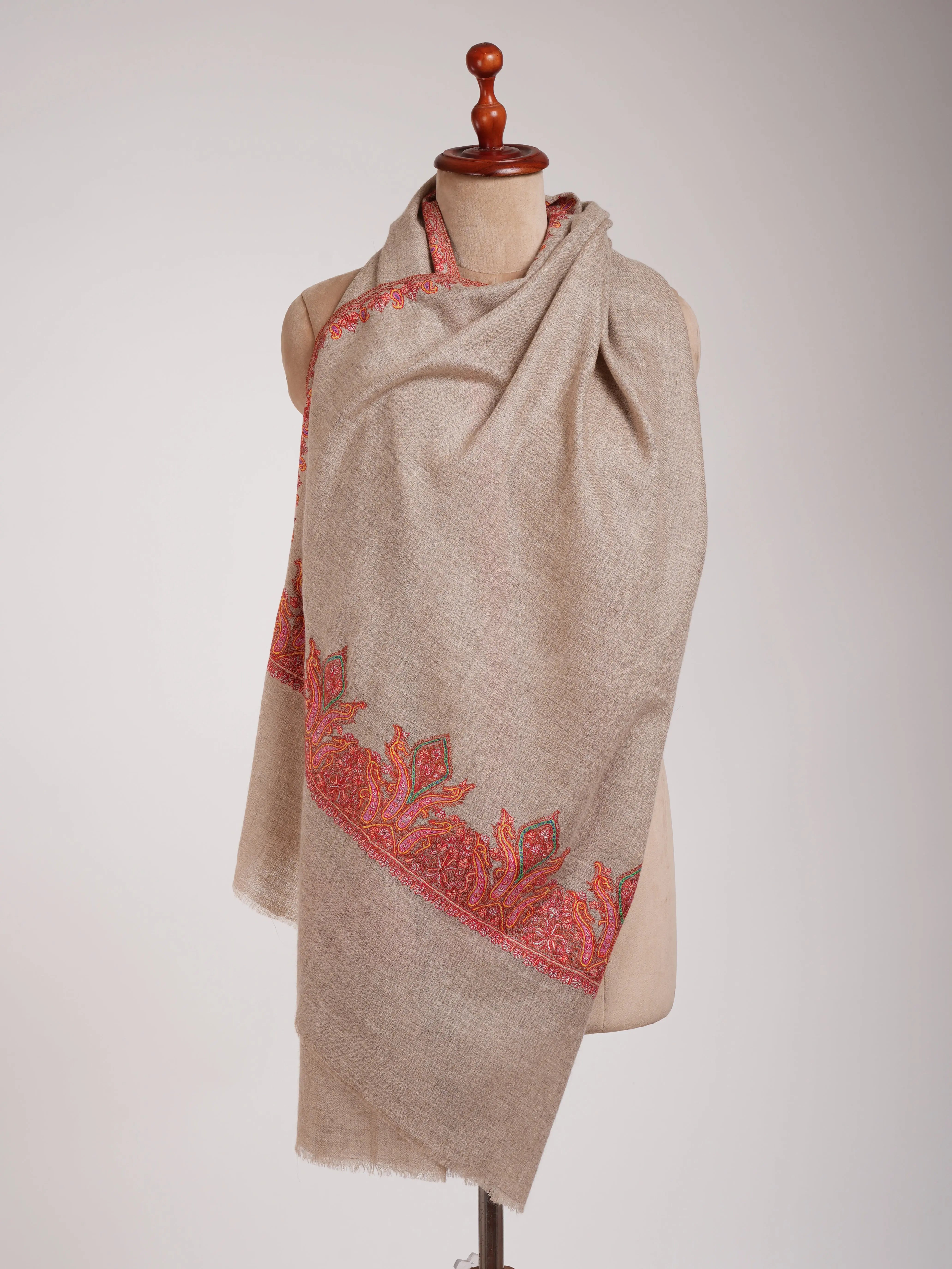 Natural Grey Palla Embroidered Pashmina Stole Shahkaar