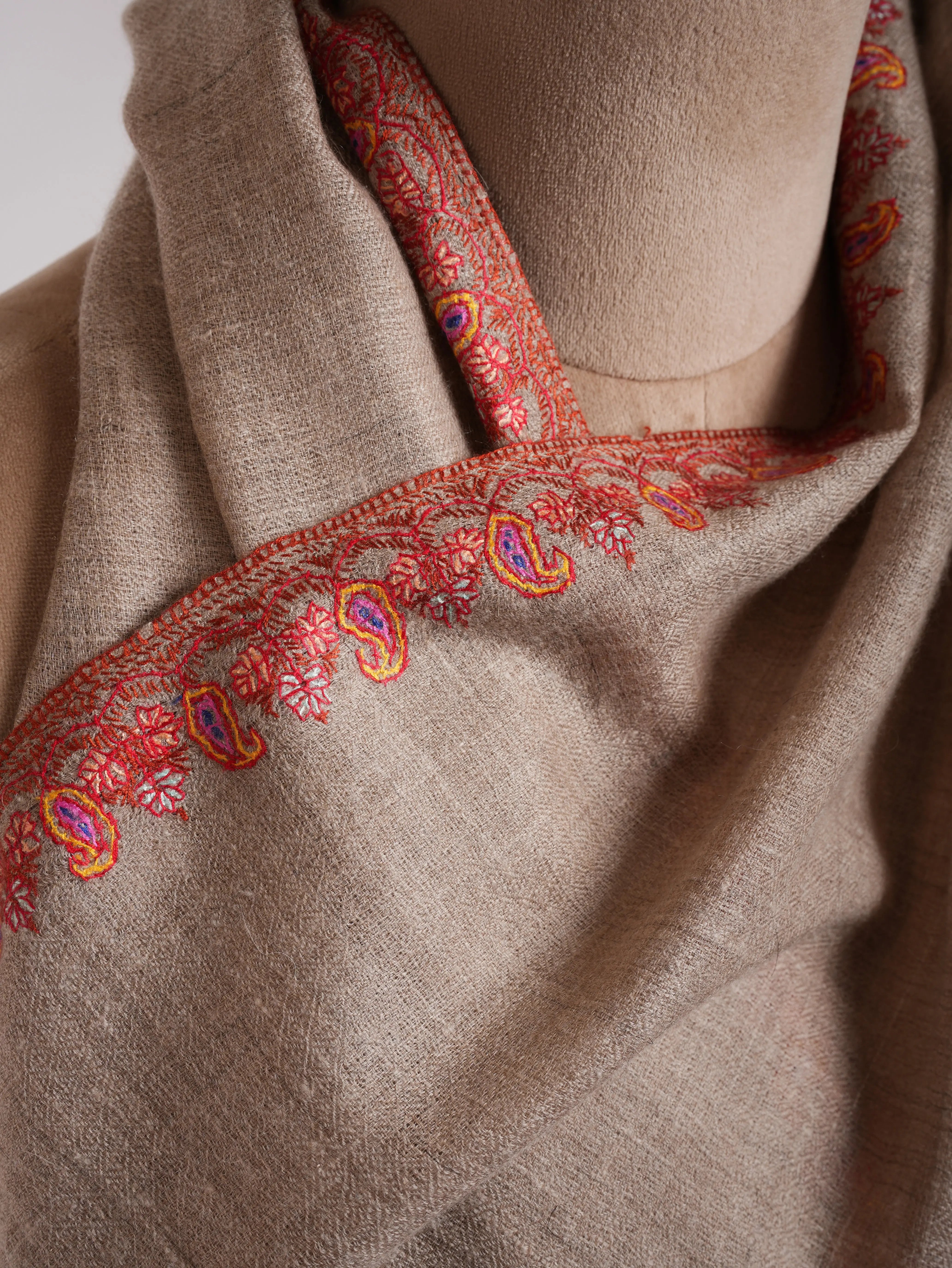 Natural Grey Palla Embroidered Pashmina Stole Shahkaar
