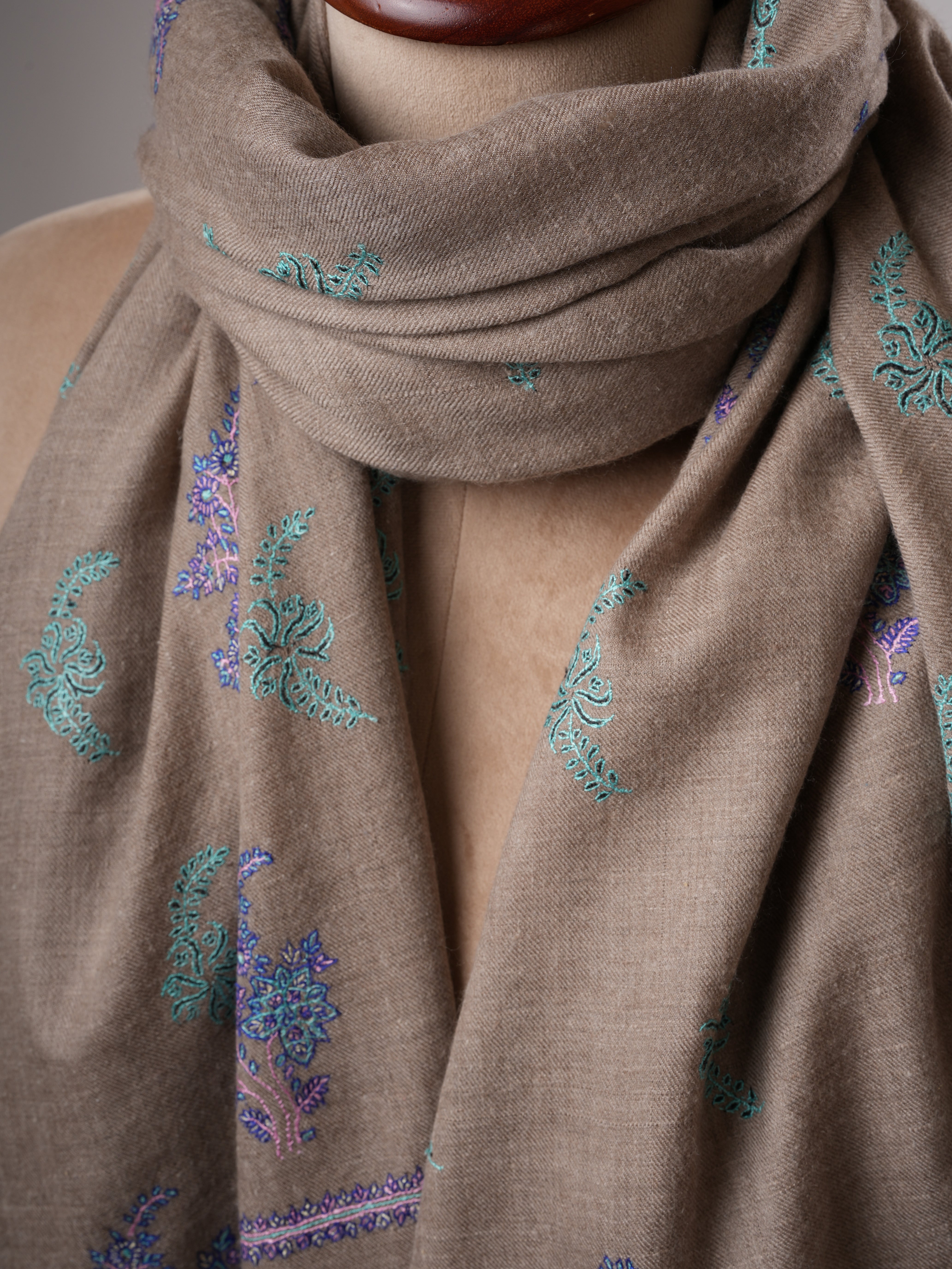 Natural Grey Pashmina Shawl with Buteh Sozni Hand Embroidery Shahkaar