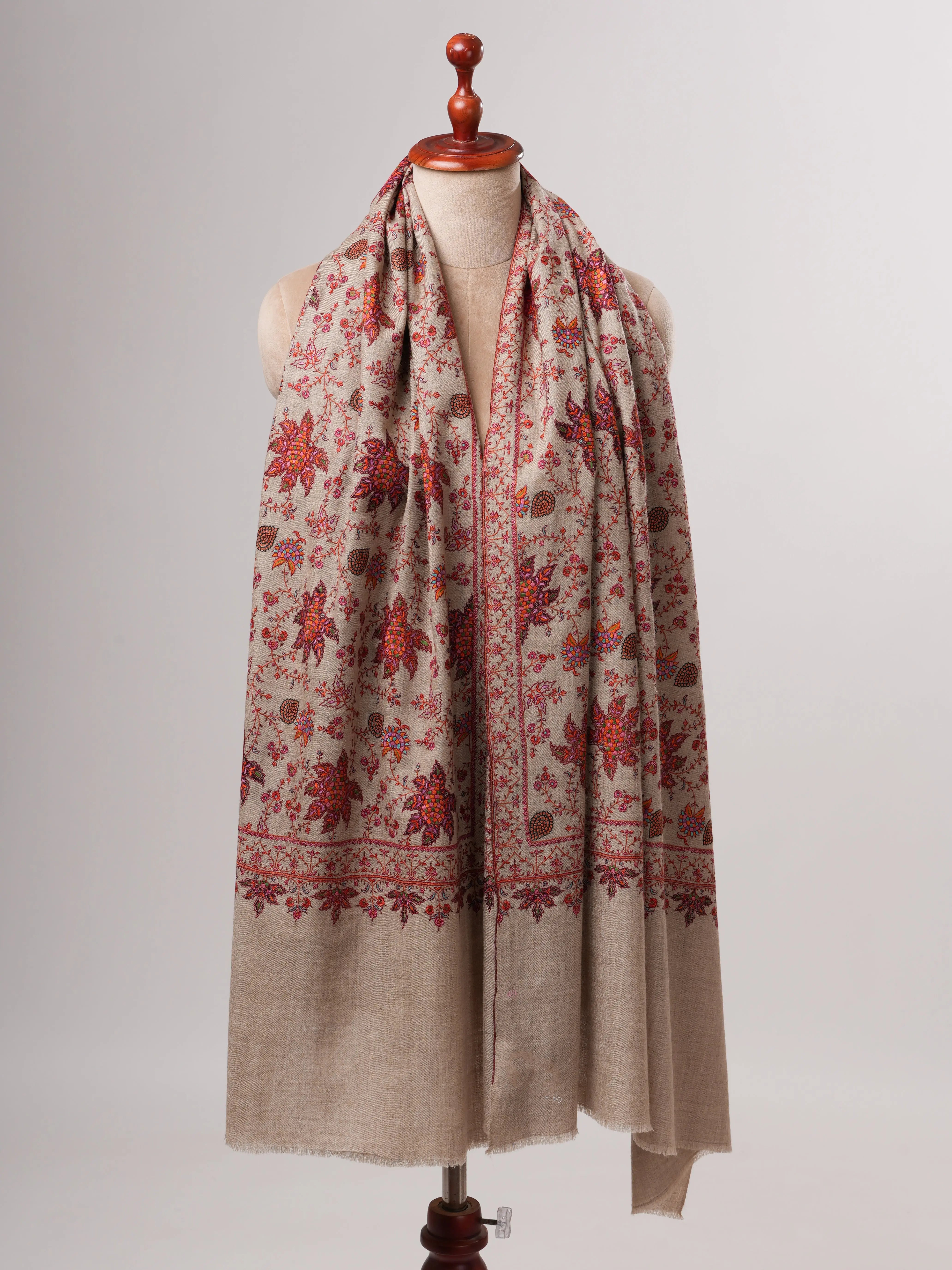 Natural Grey Pashmina Shawl with Fine Hand-Embroidered Chinar Motif Shahkaar