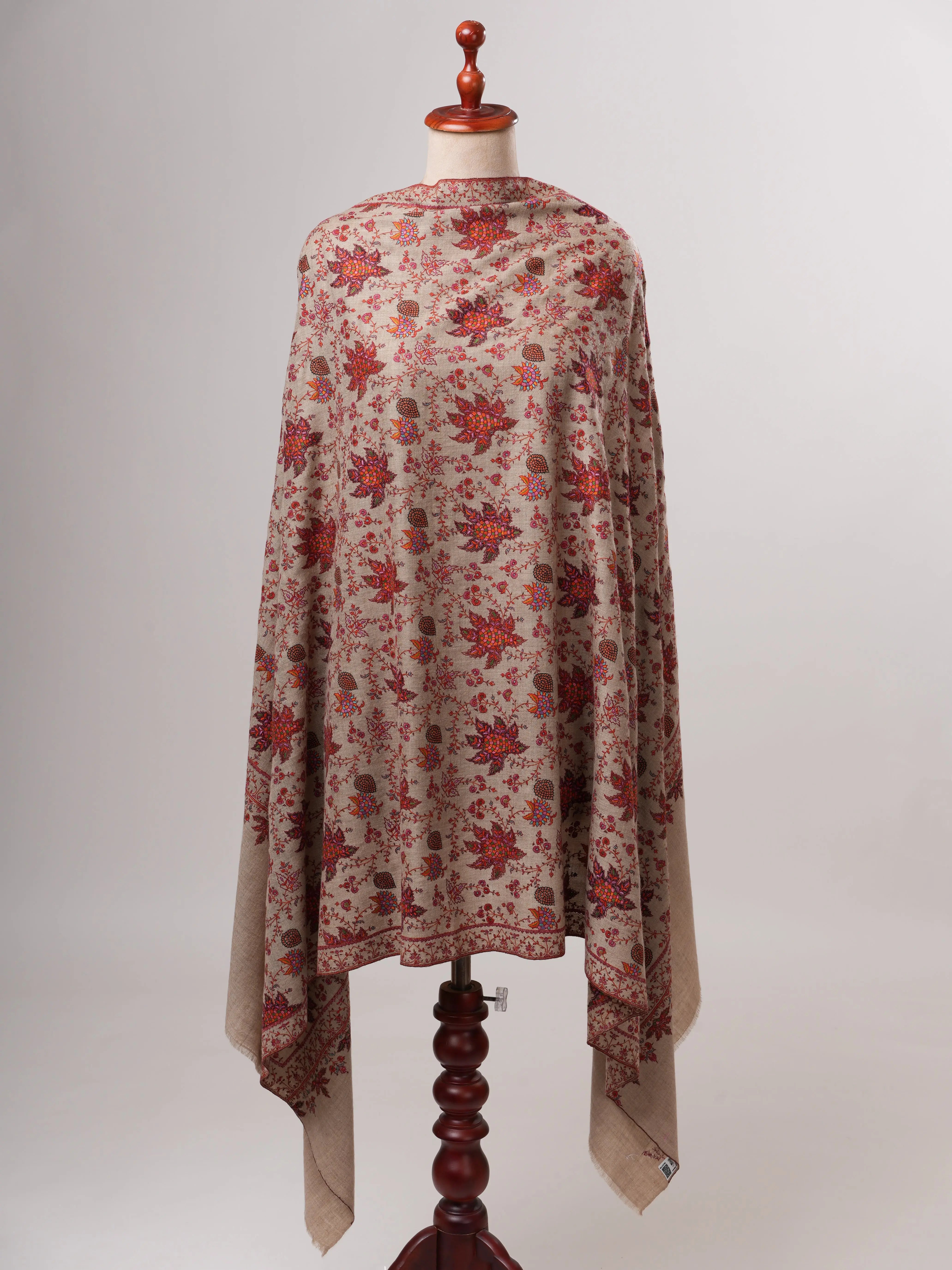 Natural Grey Pashmina Shawl with Fine Hand-Embroidered Chinar Motif Shahkaar