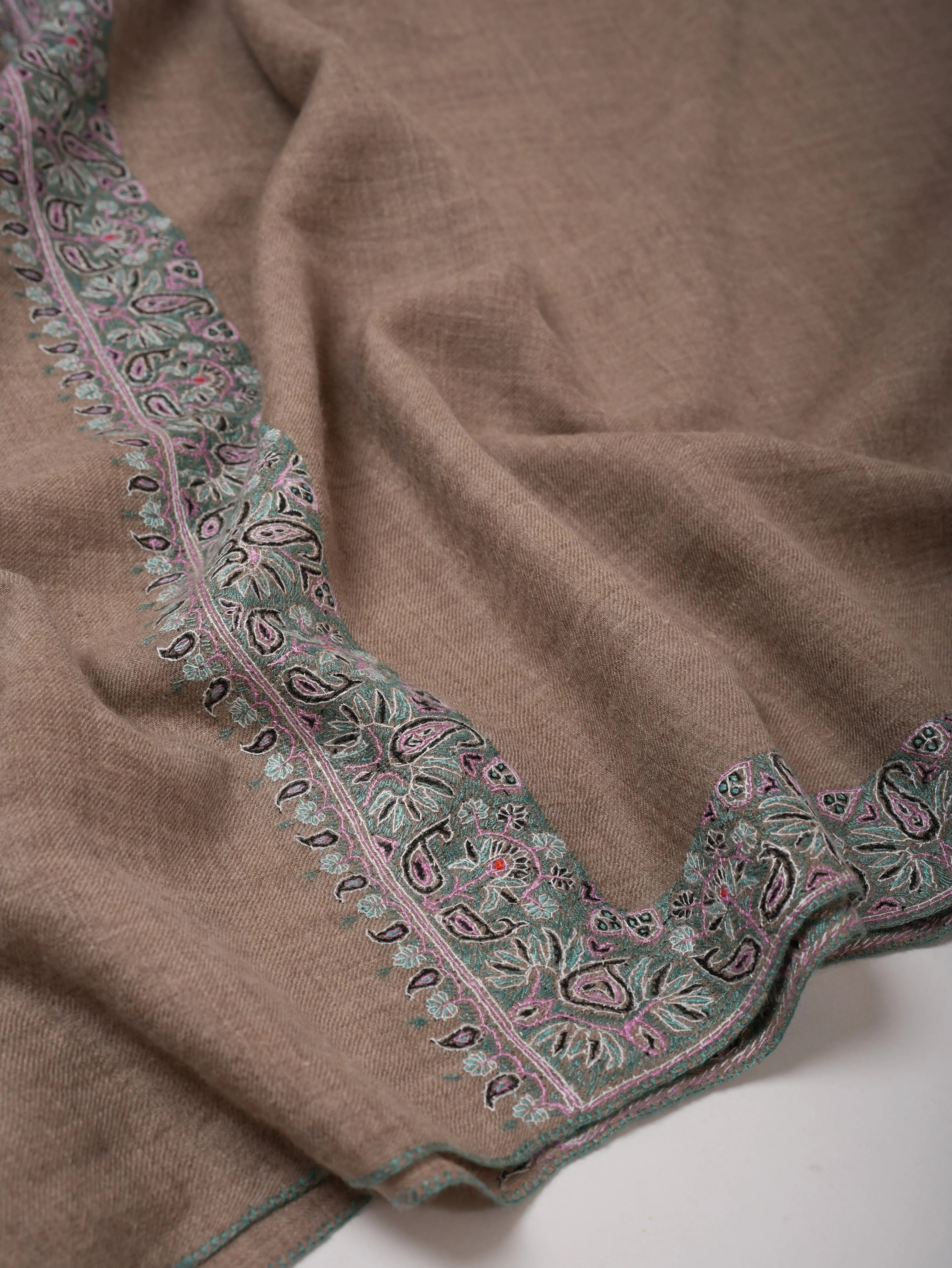 Natural Grey Pashmina Shawl with Fine Pastel Blue Hand Embroidery – Luxury Kashmiri Wrap Shahkaar