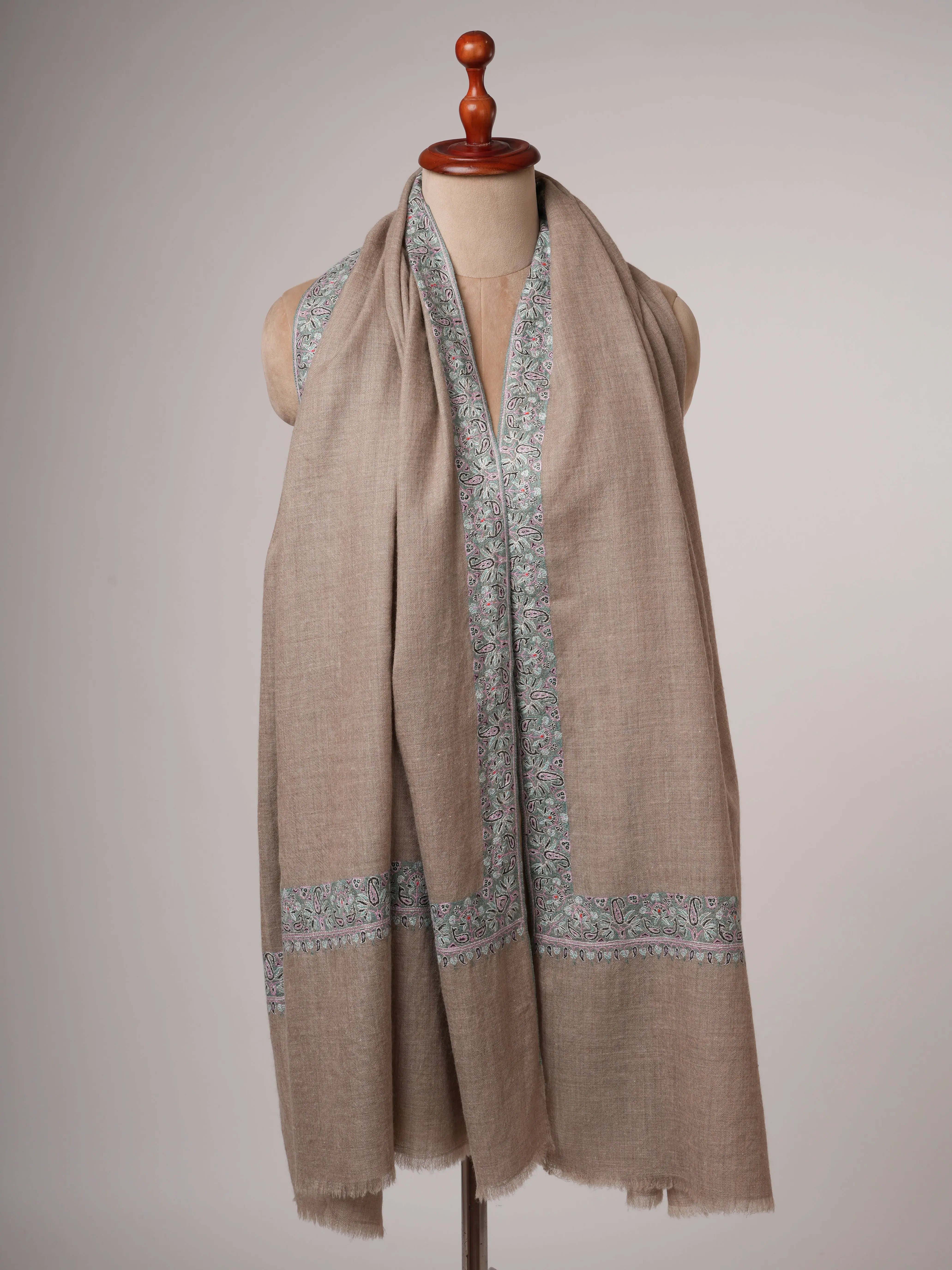Natural Grey Pashmina Shawl with Fine Pastel Blue Hand Embroidery – Luxury Kashmiri Wrap Shahkaar