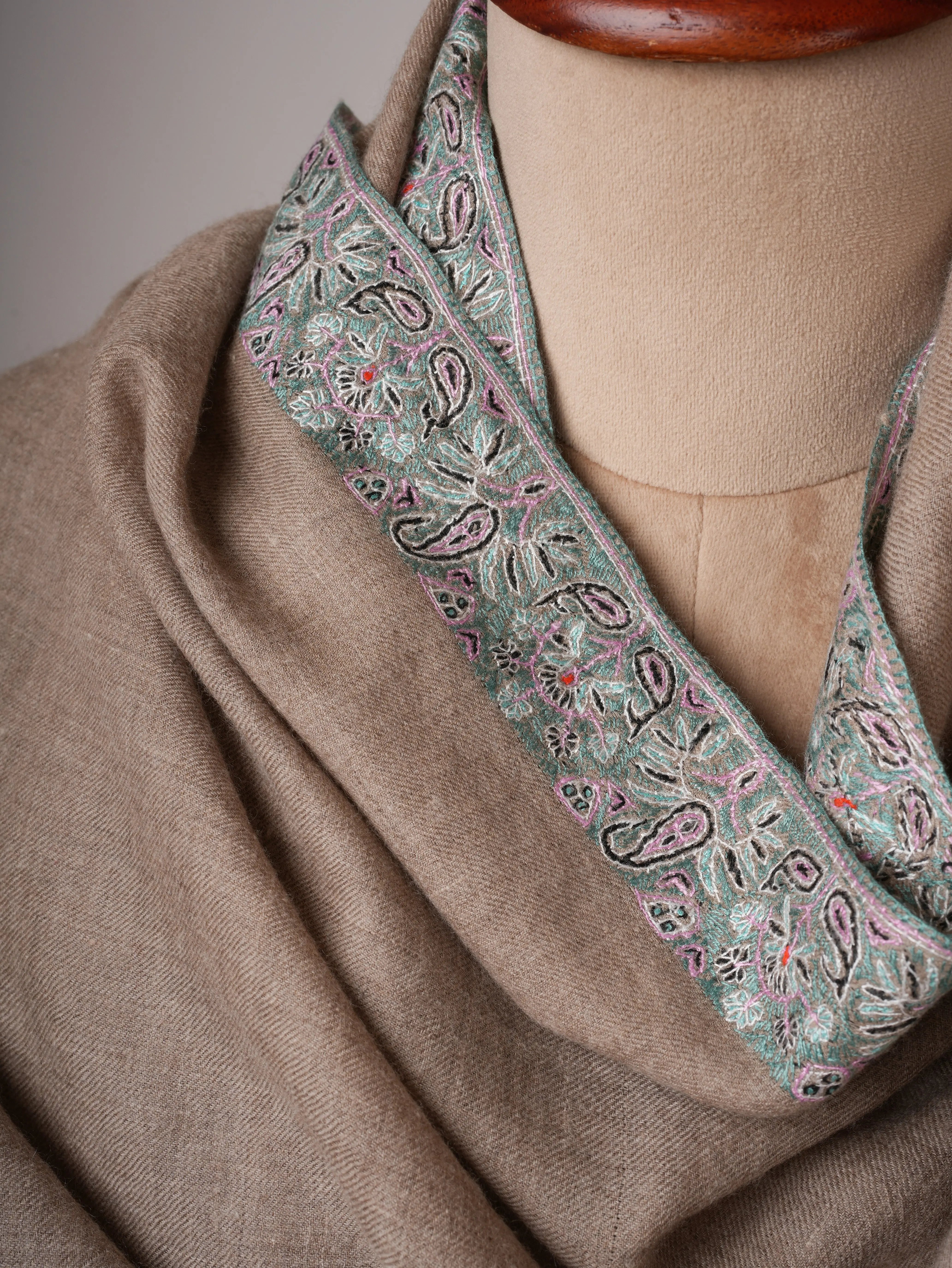 Natural Grey Pashmina Shawl with Fine Pastel Blue Hand Embroidery – Luxury Kashmiri Wrap Shahkaar