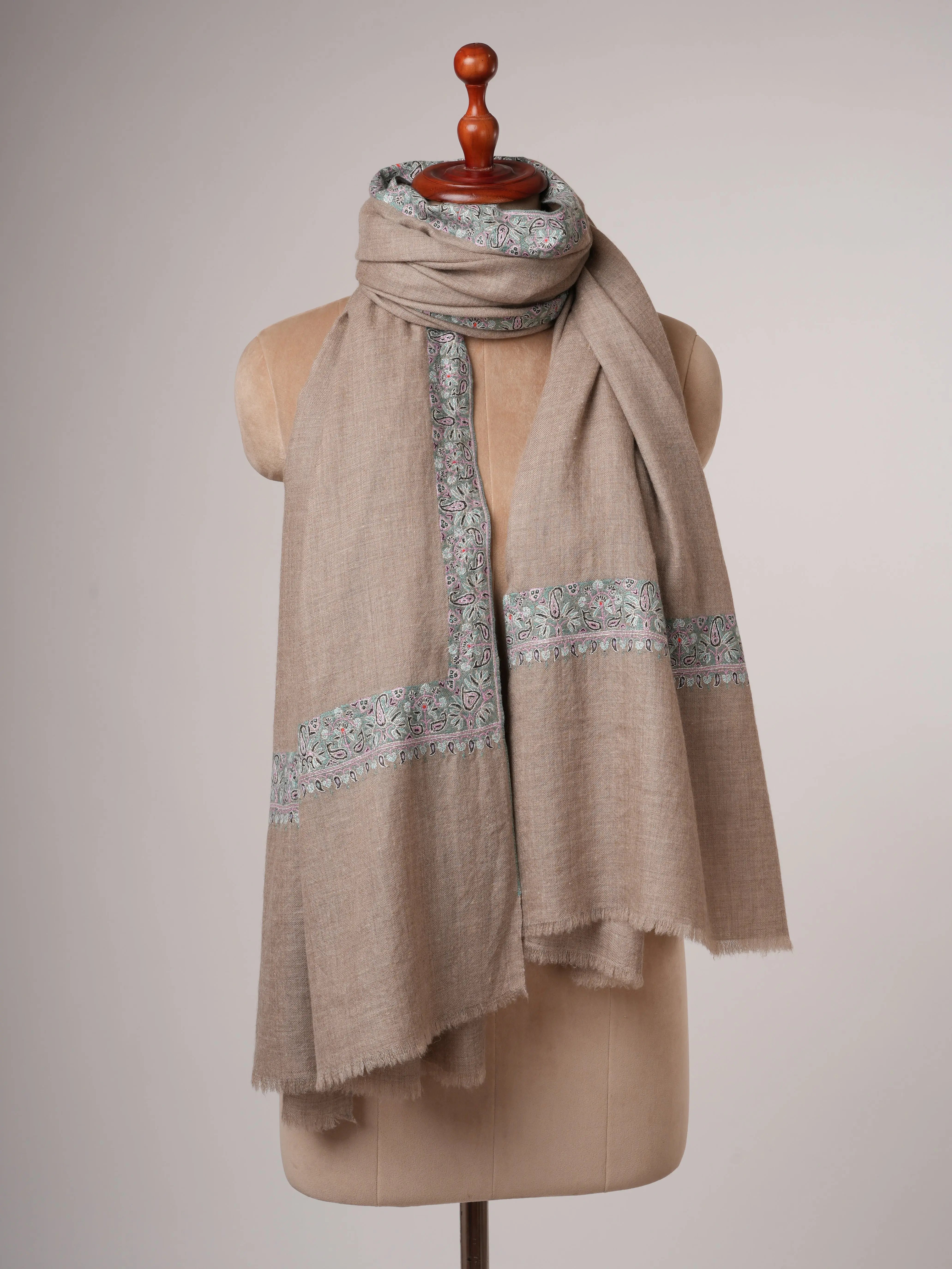 Natural Grey Pashmina Shawl with Fine Pastel Blue Hand Embroidery – Luxury Kashmiri Wrap Shahkaar