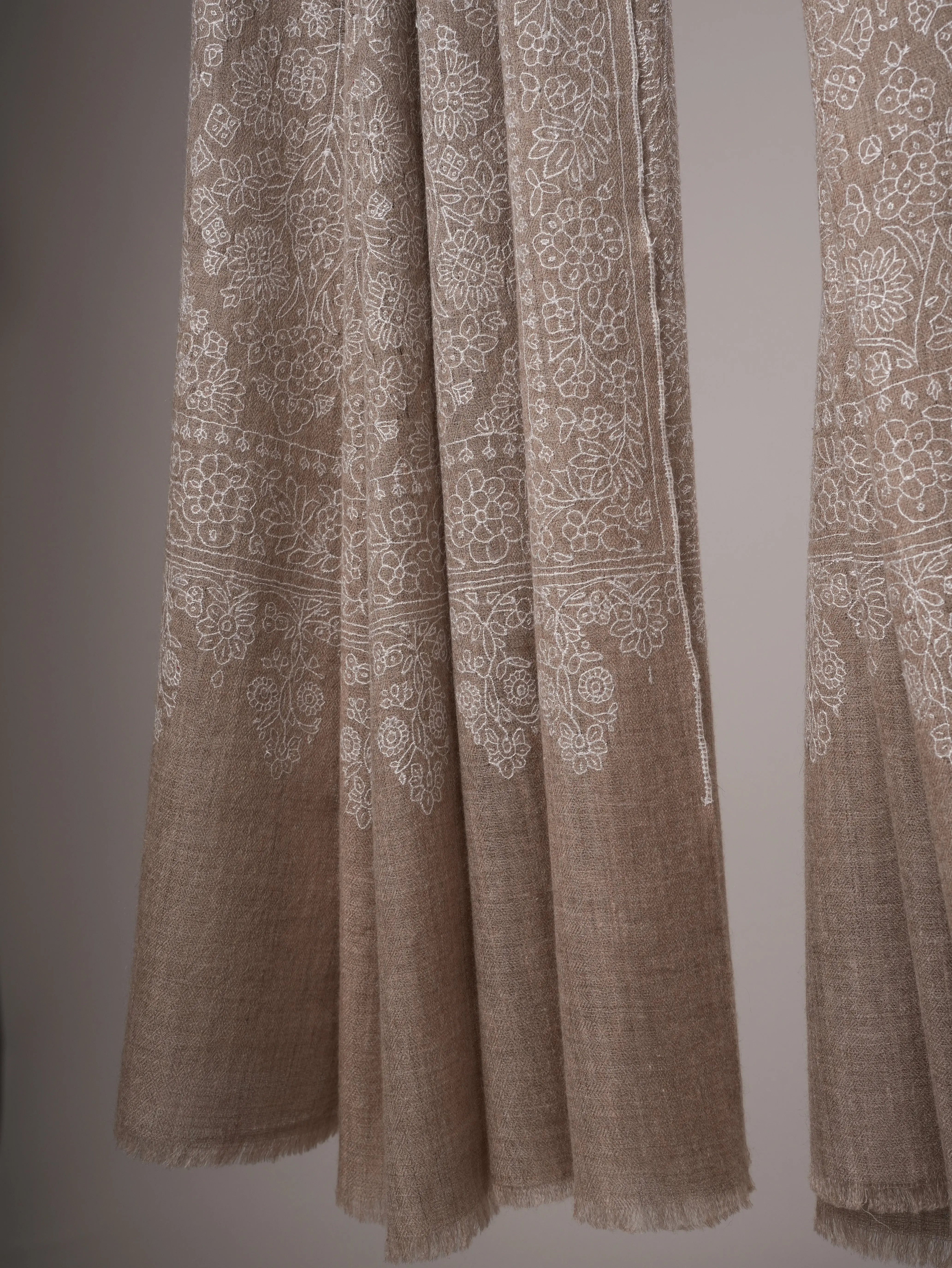 Natural Grey Pashmina Shawl with Jamavar All-Over White Embroidery Shahkaar