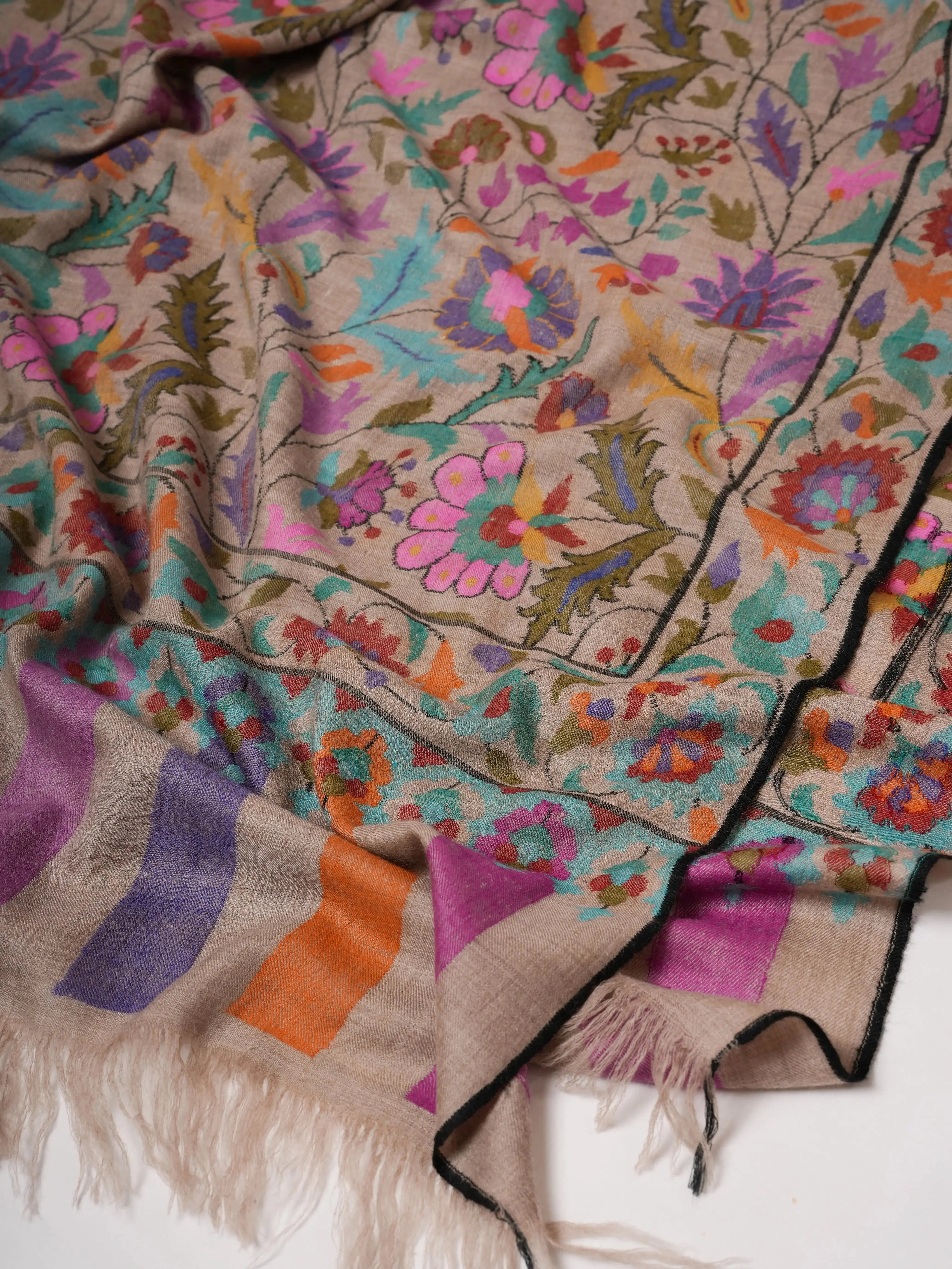 Natural Grey Pure Kashmiri Kani Pashmina Shawl with Detailed Motifs Shahkaar