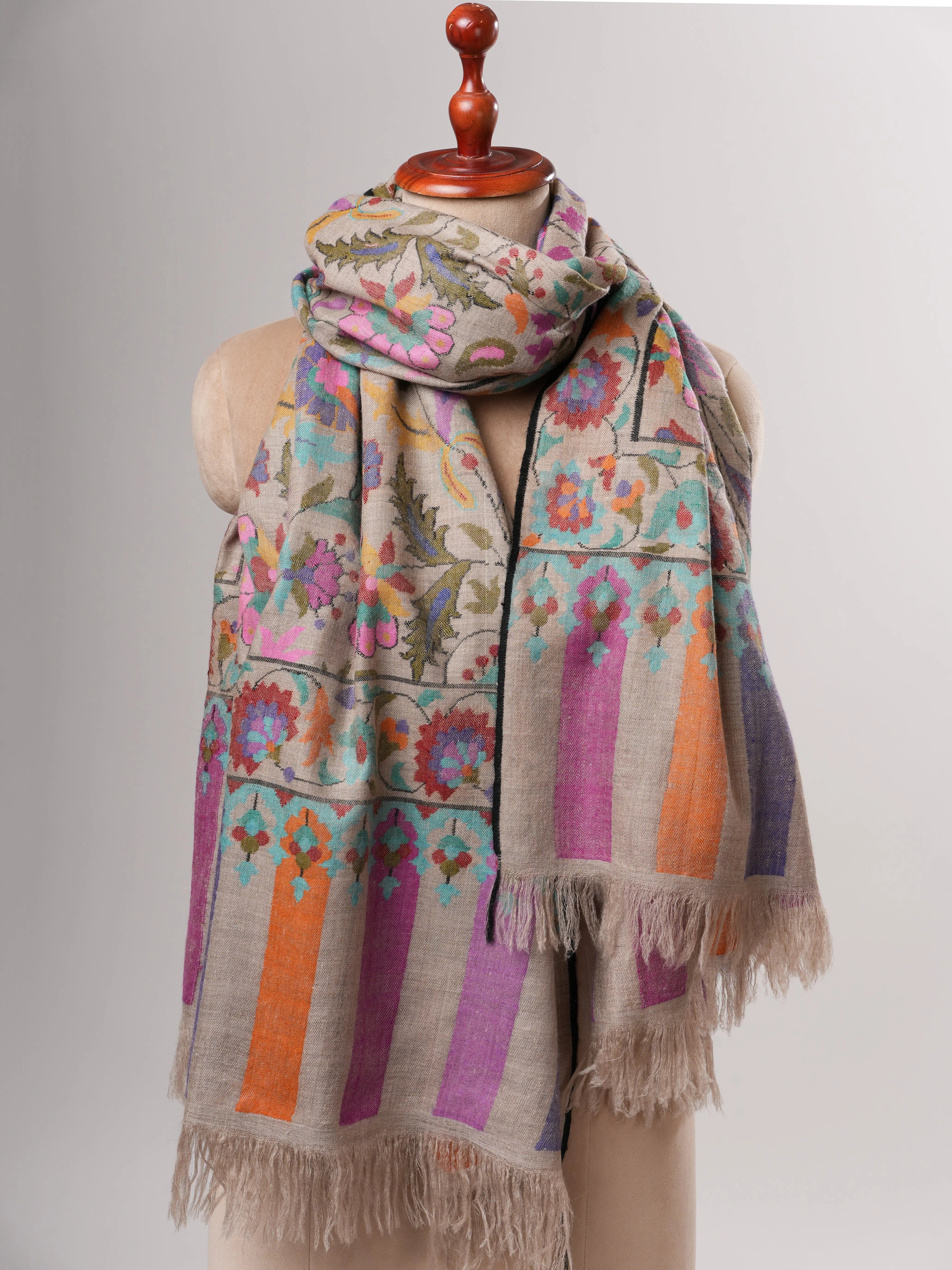 Natural Grey Pure Kashmiri Kani Pashmina Shawl with Detailed Motifs Shahkaar