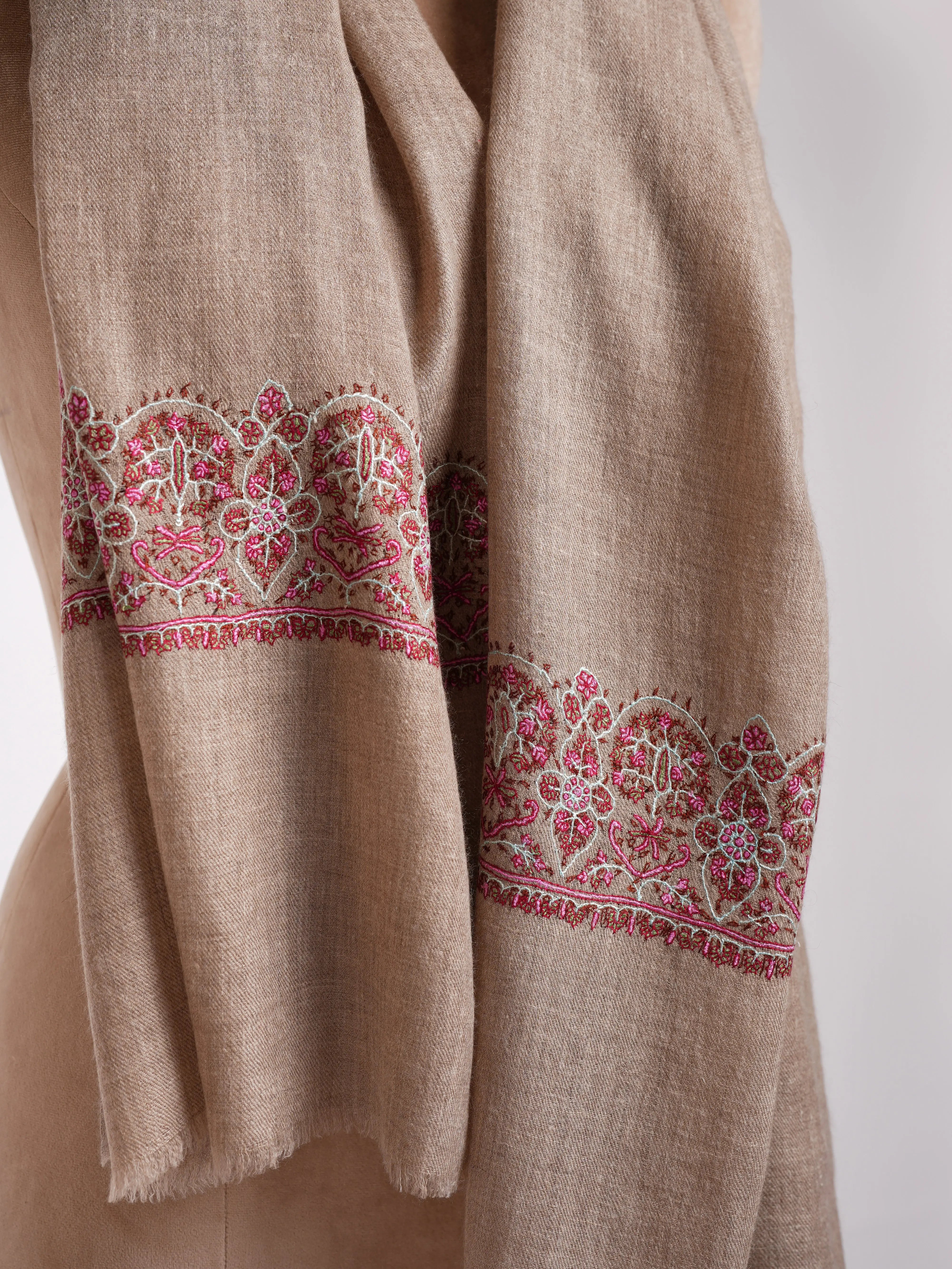 Natural Grey Sozni Embroidered Cashmere Stole Shahkaar