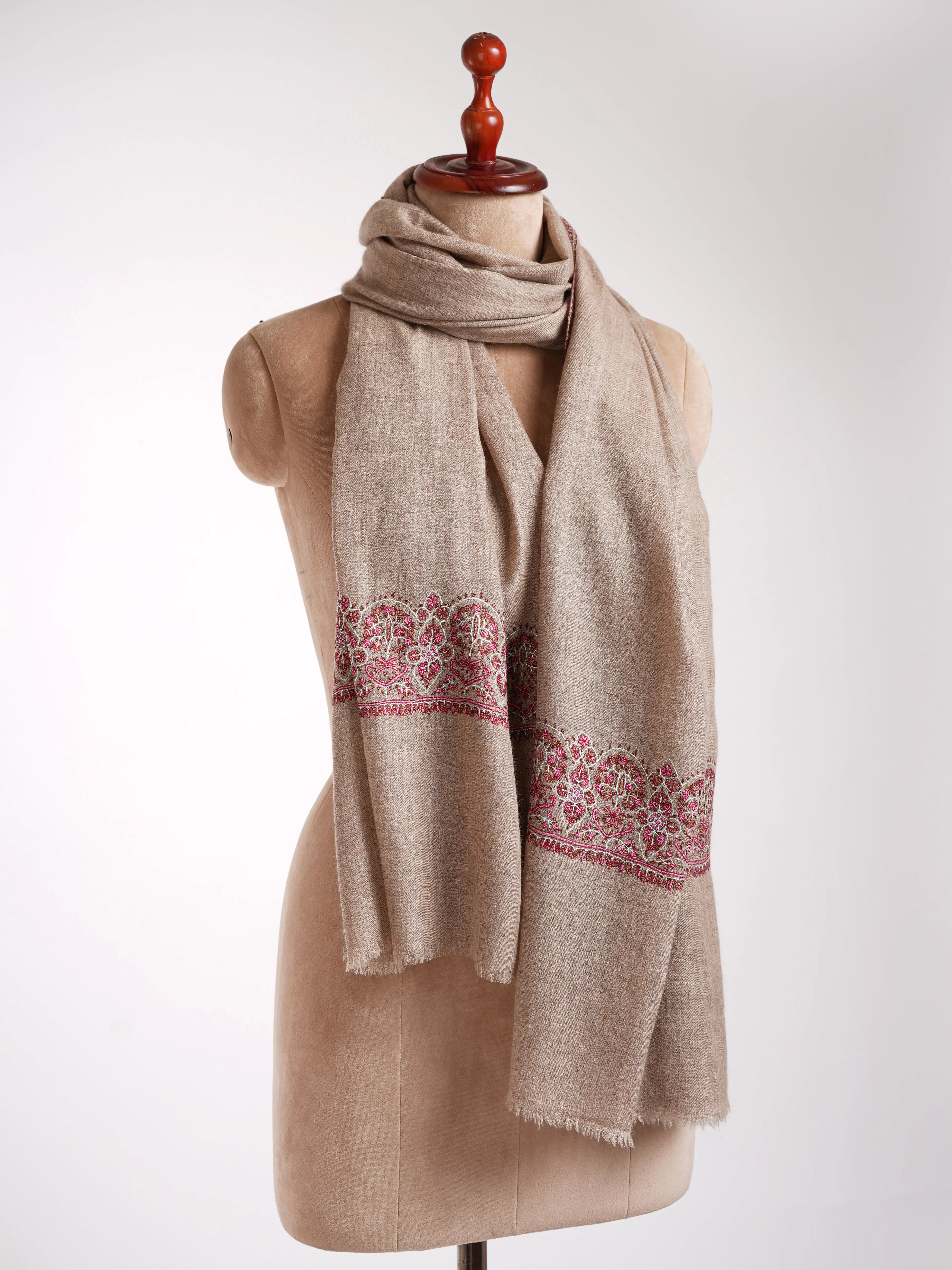 Natural Grey Sozni Embroidered Cashmere Stole Shahkaar