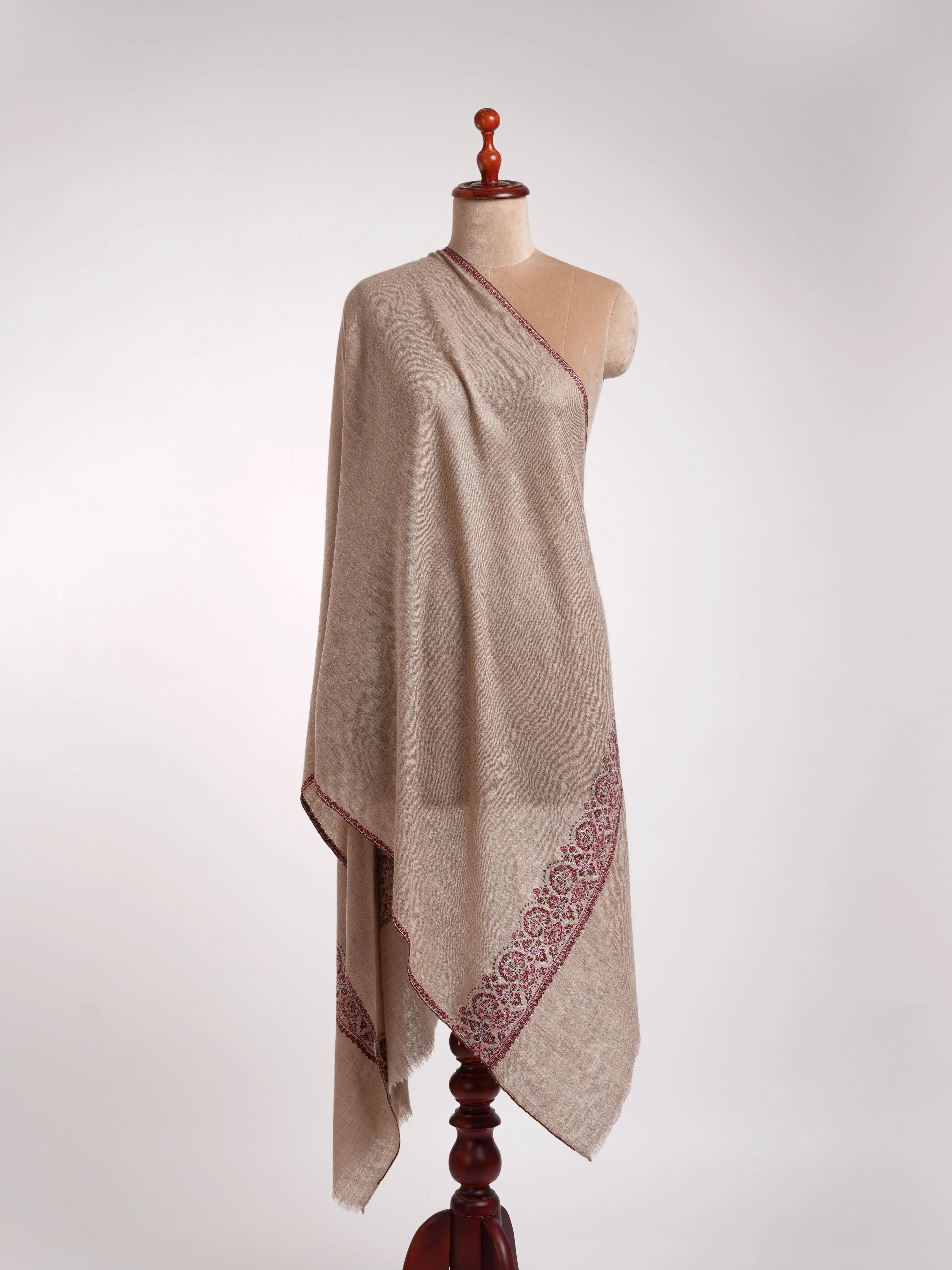 Natural Grey Sozni Embroidered Cashmere Stole Shahkaar