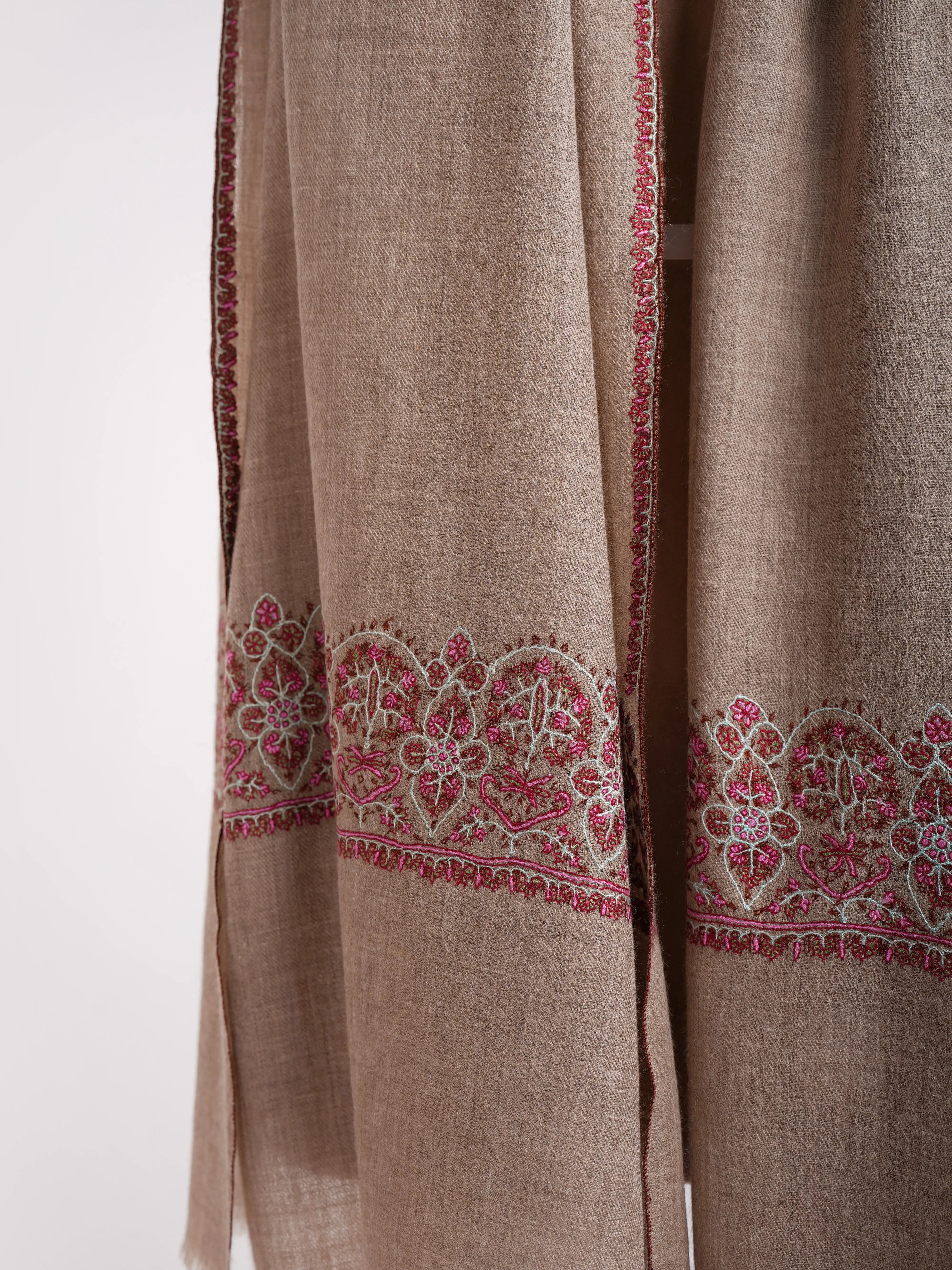 Natural Grey Sozni Embroidered Cashmere Stole Shahkaar