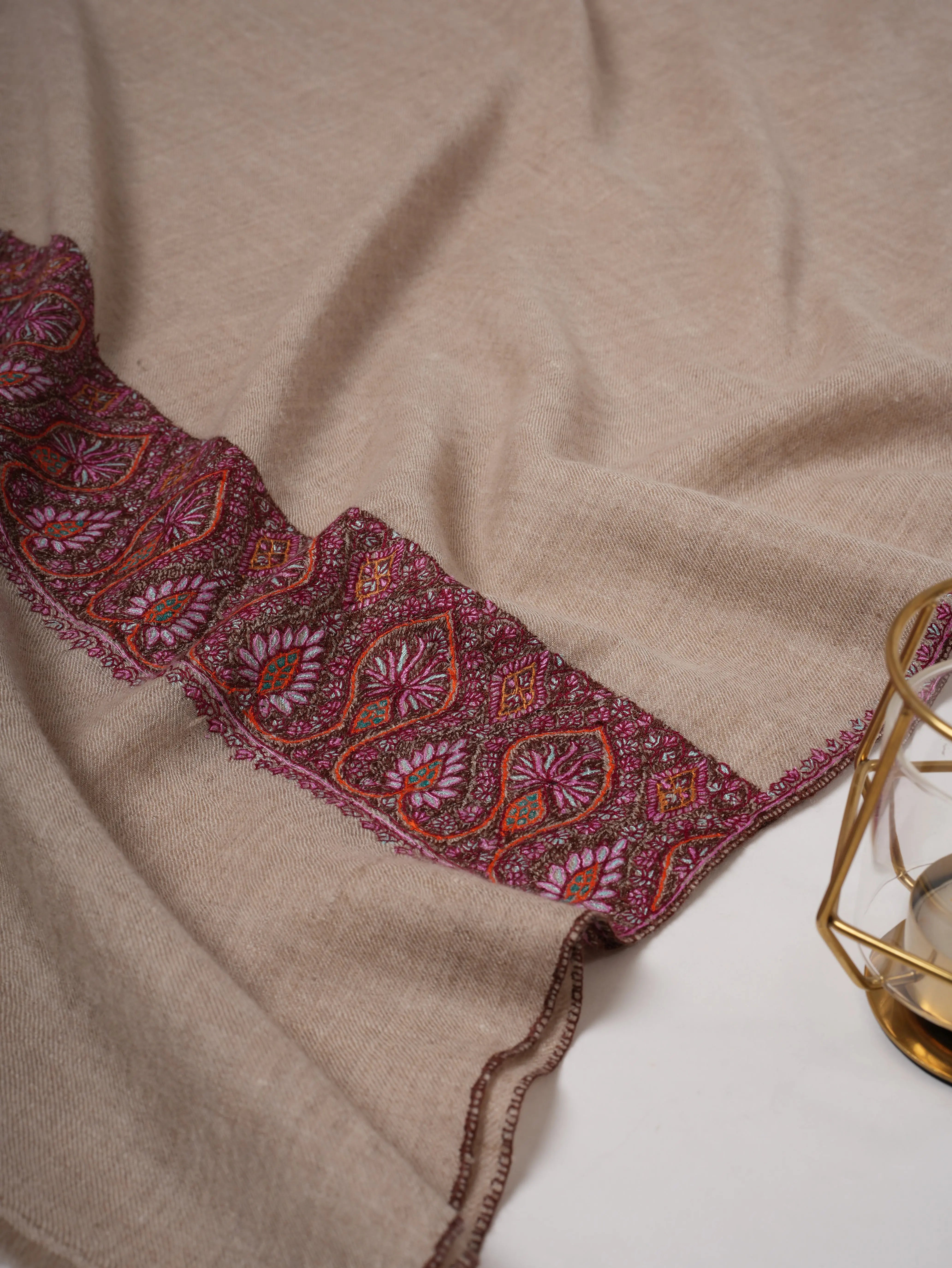 Natural Grey Sustainable Cashmere Scarf with Palla Sozni Embroidery Shahkaar