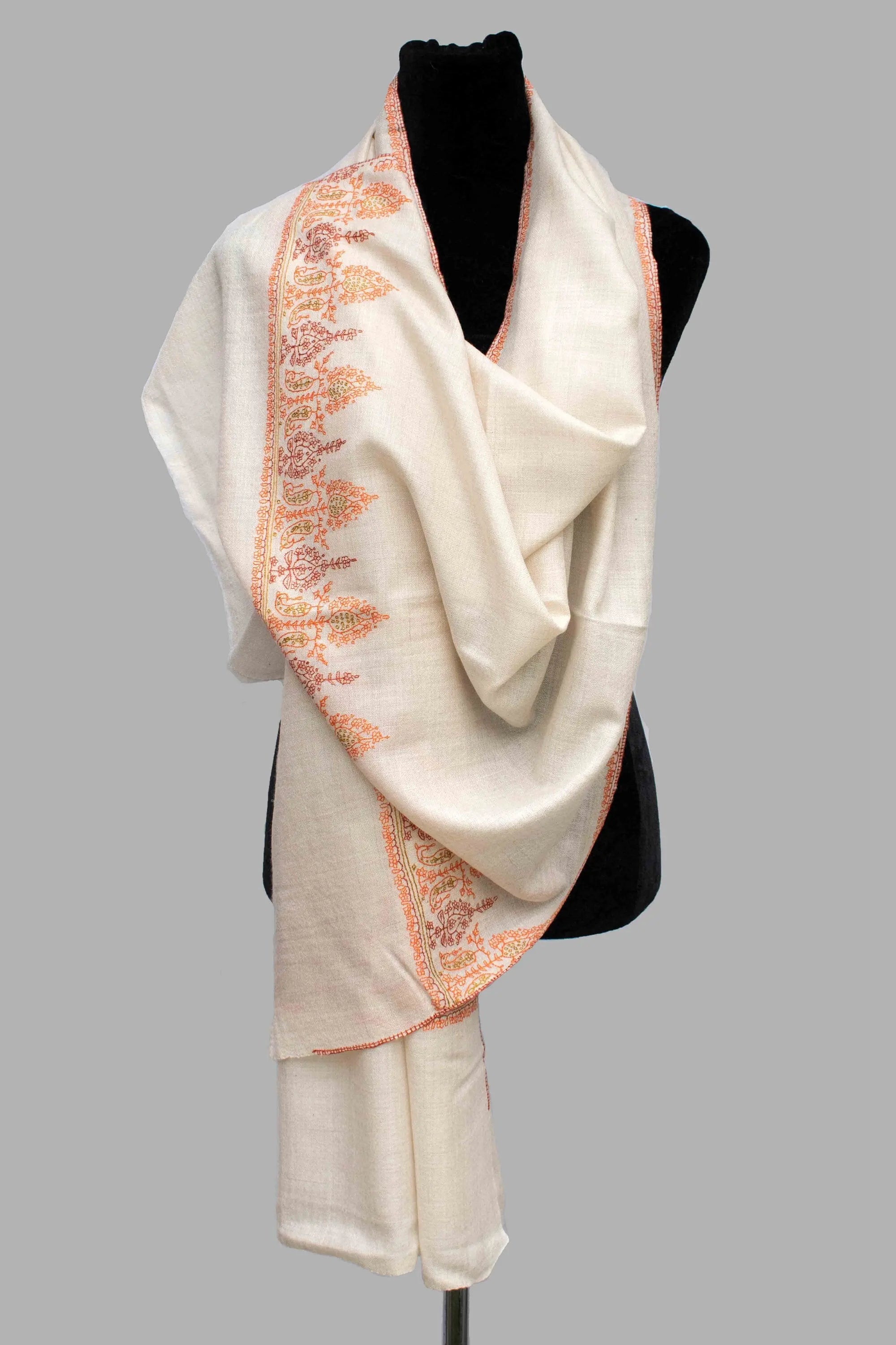 Natural Ivory Beautifully Hand Embroided Pure Cashmere Pashmina Scarf Wrap Shawl Handwoven Shahkaar