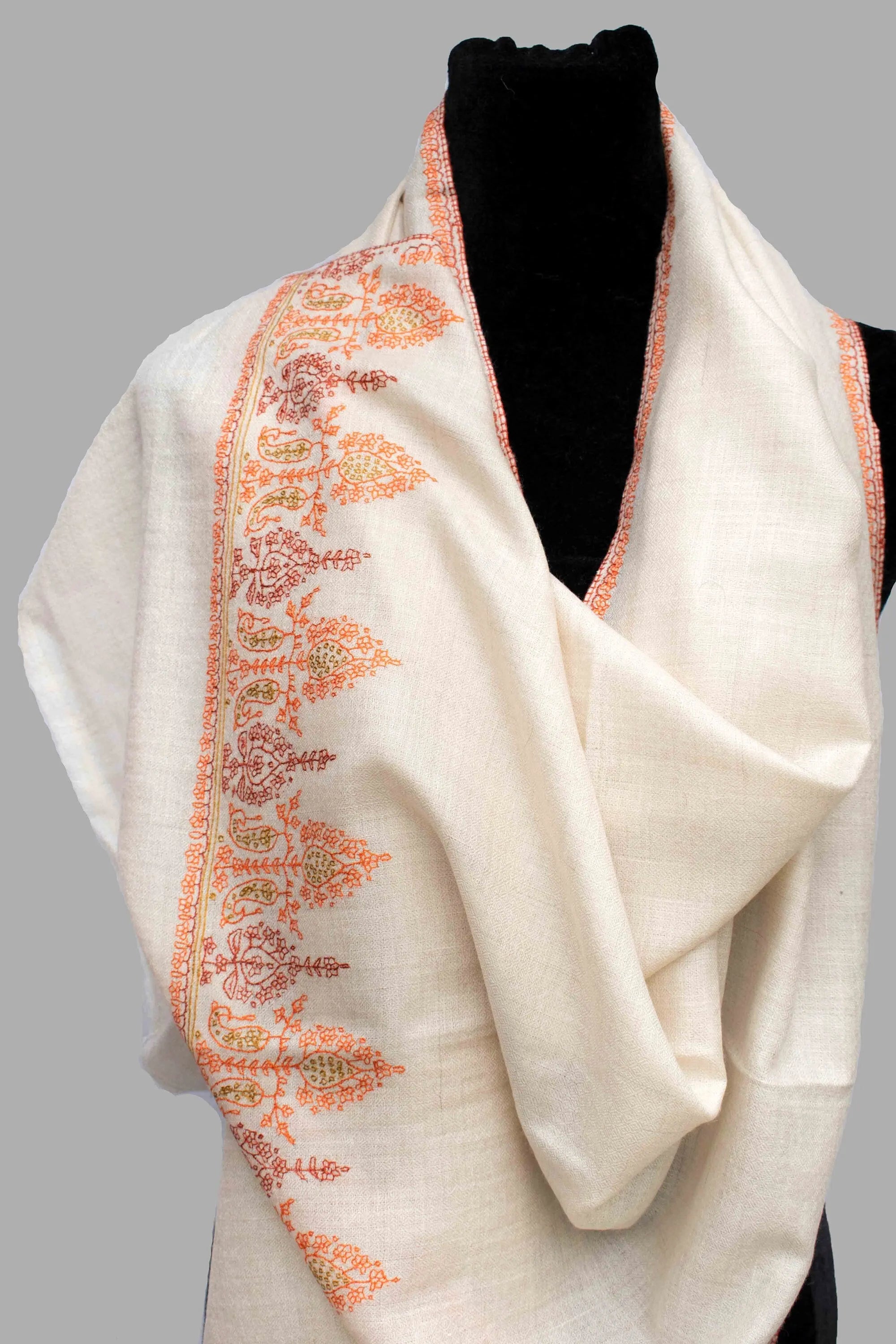 Natural Ivory Beautifully Hand Embroided Pure Cashmere Pashmina Scarf Wrap Shawl Handwoven Shahkaar