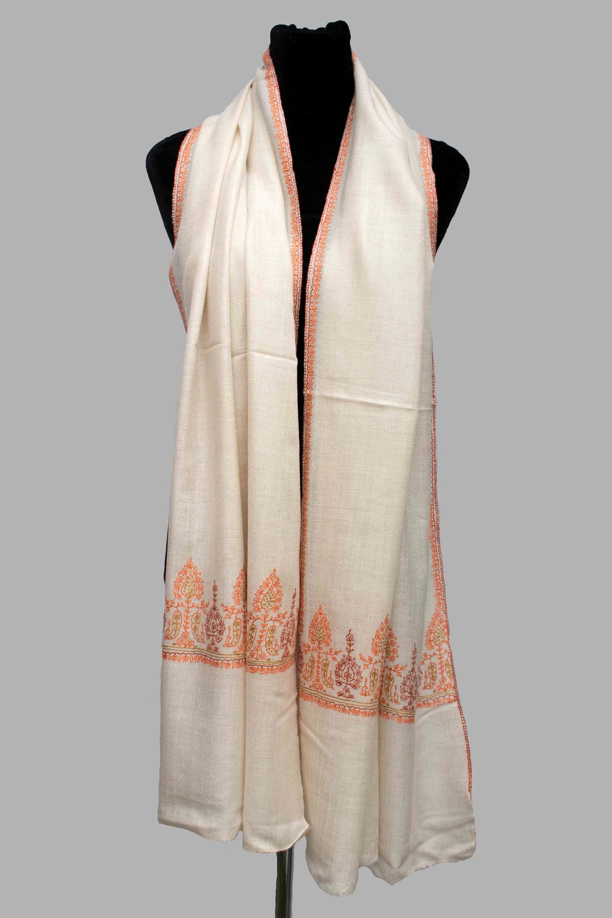 Natural Ivory Beautifully Hand Embroided Pure Cashmere Pashmina Scarf Wrap Shawl Handwoven Shahkaar