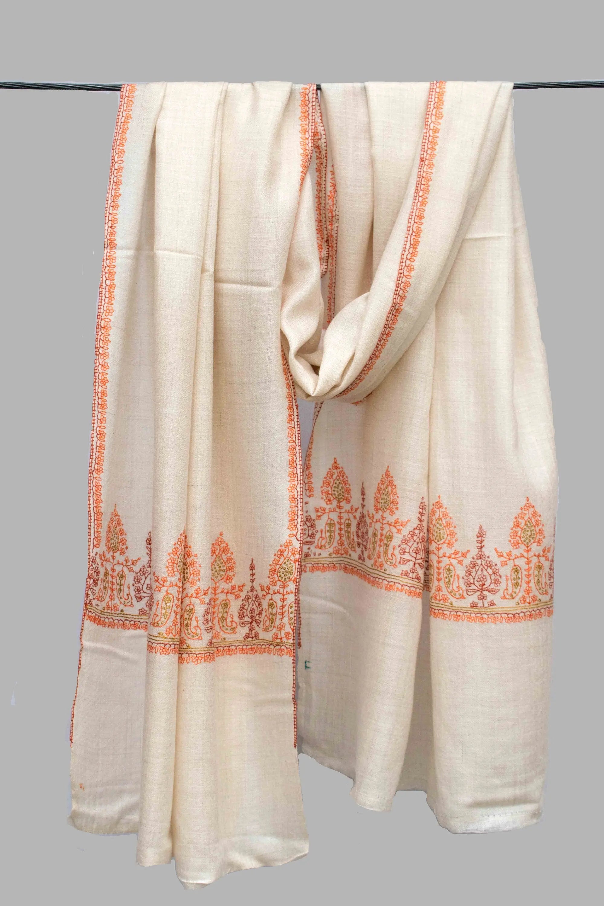 Natural Ivory Beautifully Hand Embroided Pure Cashmere Pashmina Scarf Wrap Shawl Handwoven Shahkaar