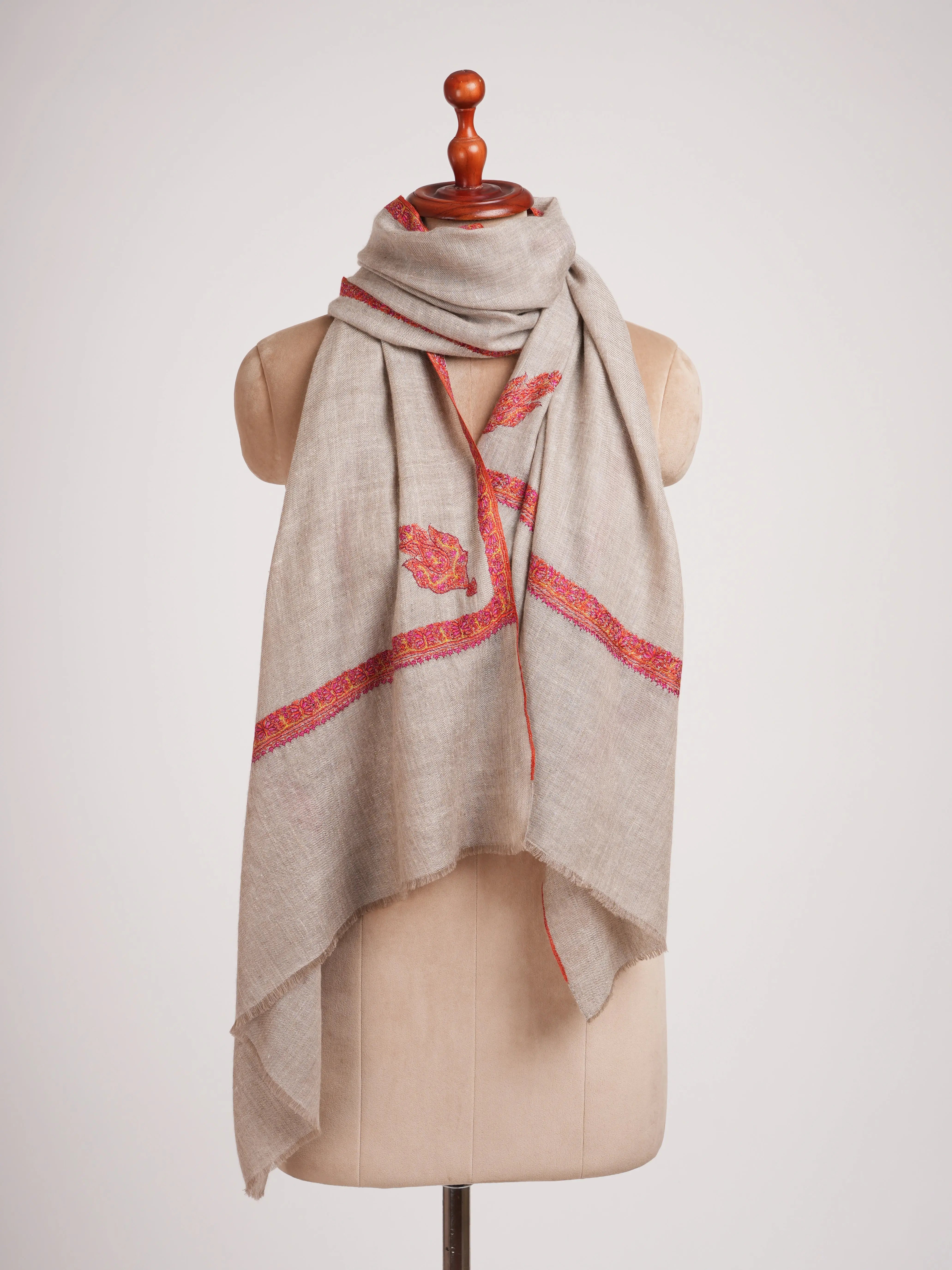 Natural Silver Hashia Hand Embroidered Cashmere Scarf Shahkaar