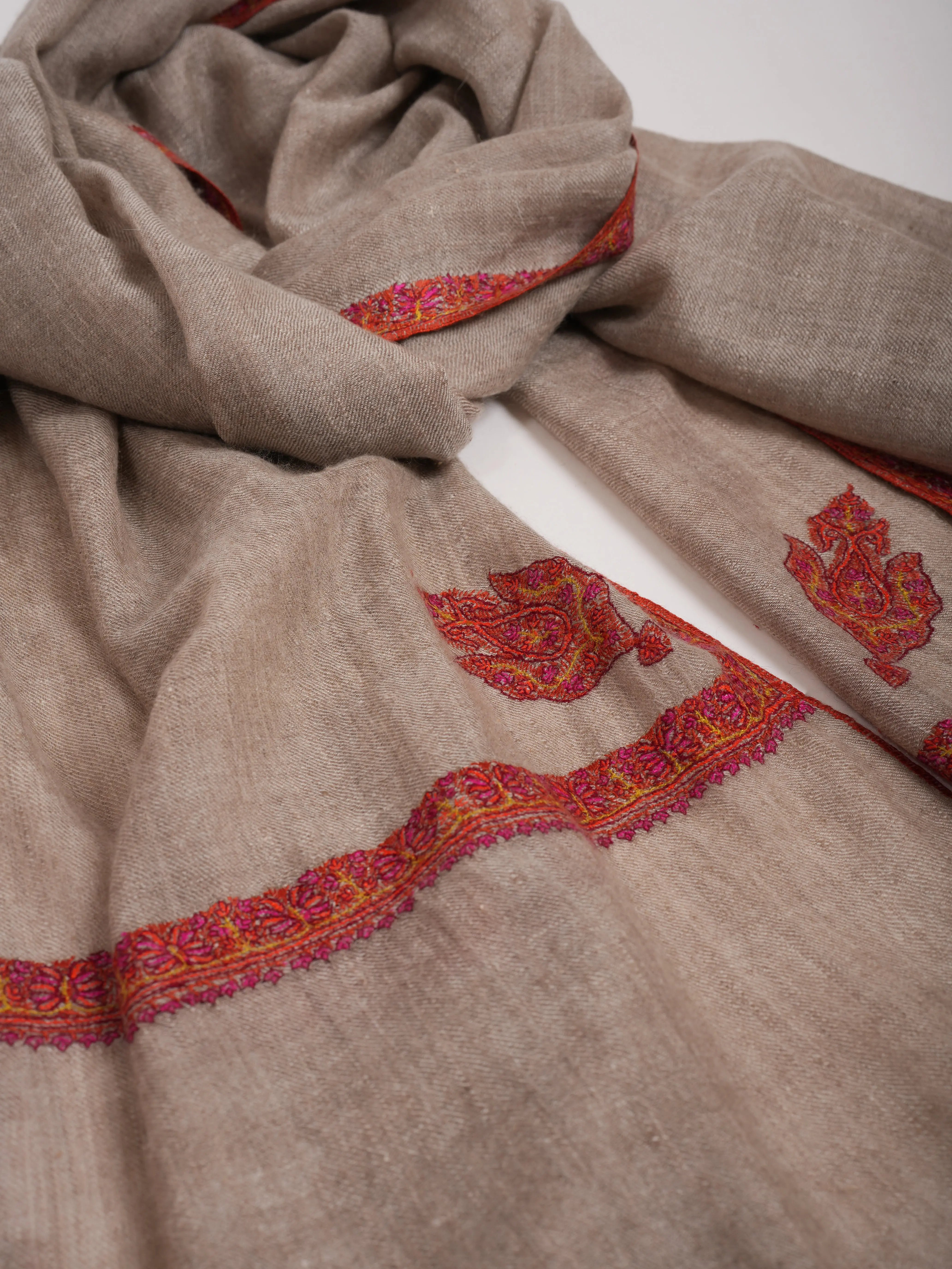 Natural Silver Hashia Hand Embroidered Cashmere Scarf Shahkaar
