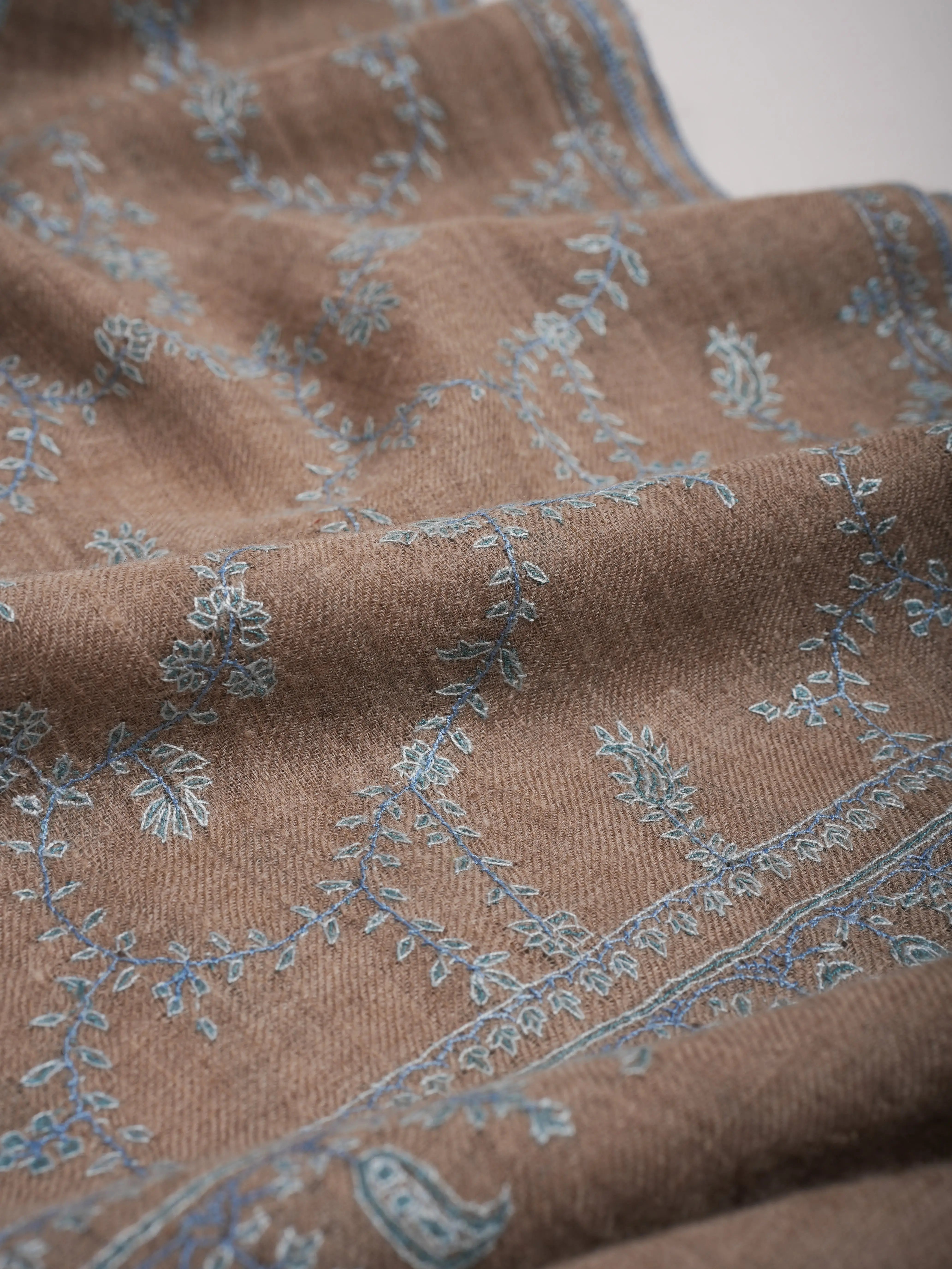 Natural Taupe Cashmere Jaal Blue Embroidery Shahkaar