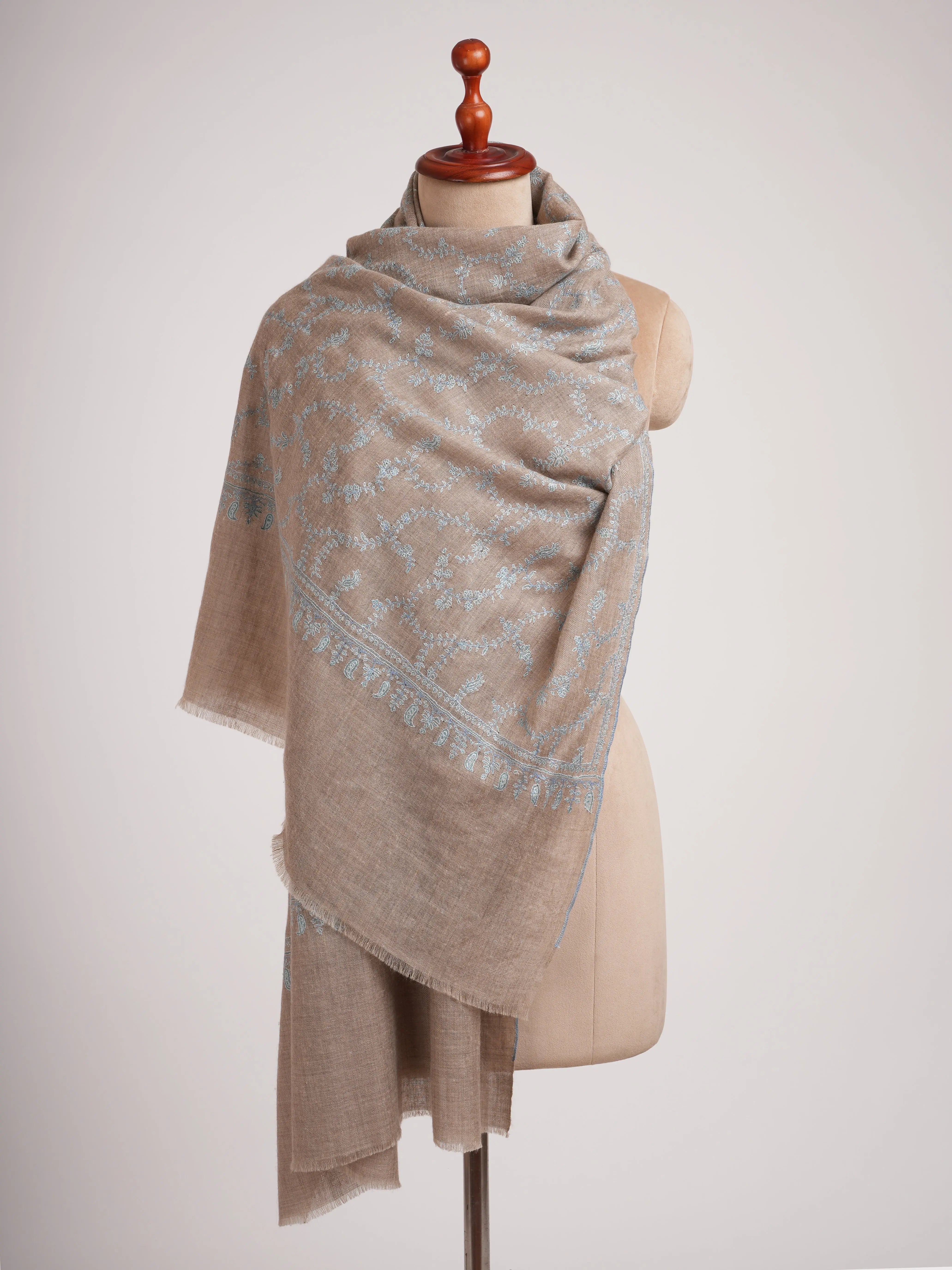 Natural Taupe Cashmere Jaal Blue Embroidery Shahkaar