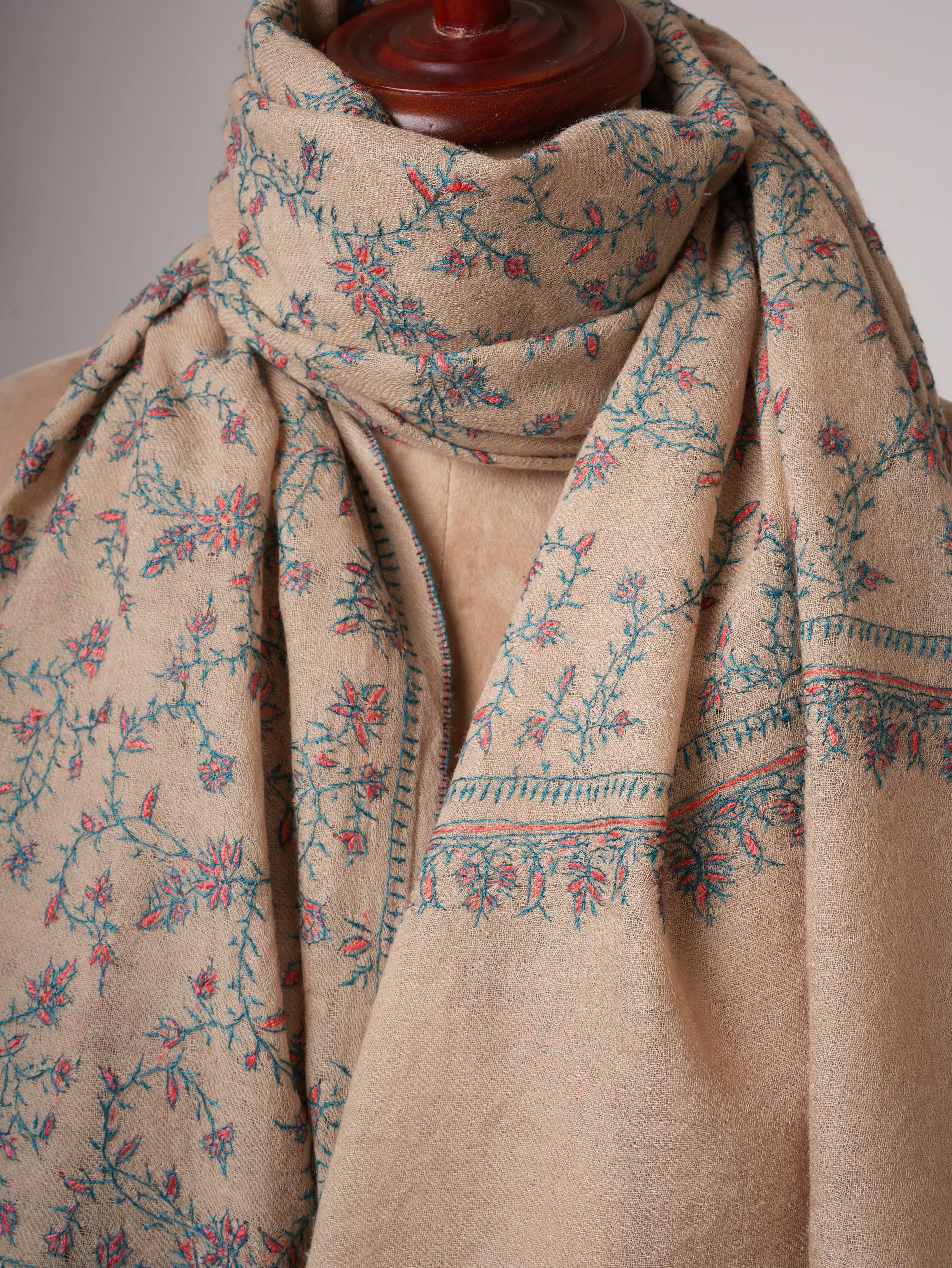 Natural Tea Dyed Boiled Wool Shawl with Hand Embroidery Shahkaar